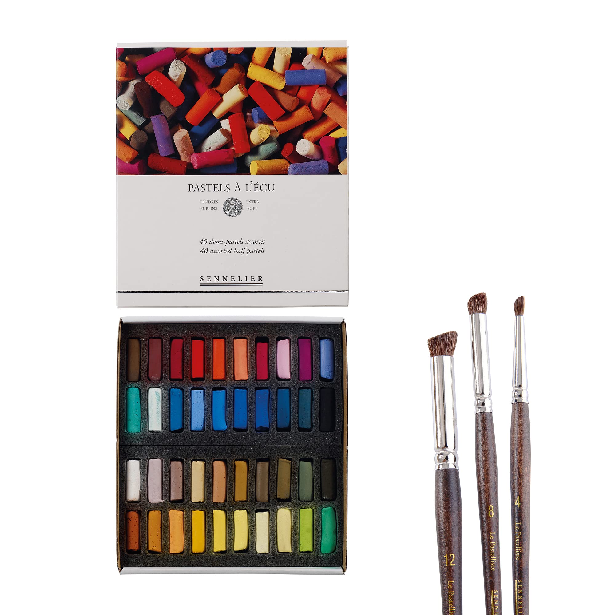 JERRY'S ARTARAMA Le Pastelliste 40 Assorted Soft Pastel Set with Brushes - Professional Artist Grade Pastels for Drawing & Painting | Includes Small, Medium & Large Brushes for Shading, Blending & Detailing | Perfect for Studio Art, Classroom & Home Creativity