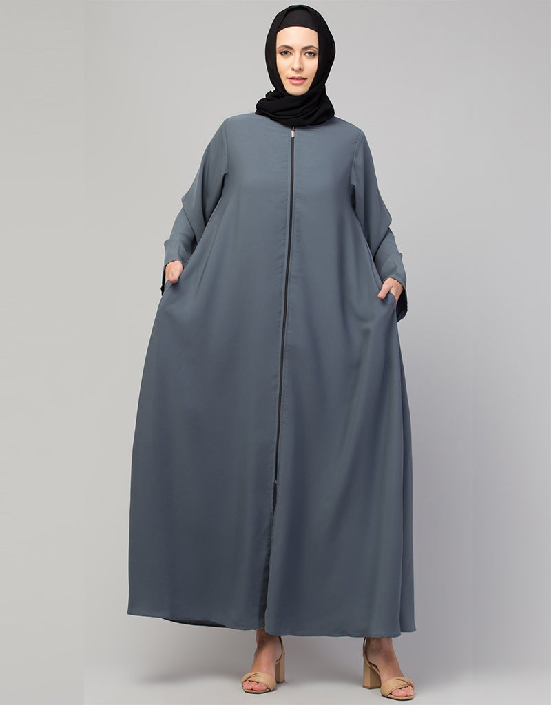 Arabic Basic Abaya with Zipper - Long Sleeve Grey Islamic Dress for Women | Modest Prayer Dress & Everyday Wear