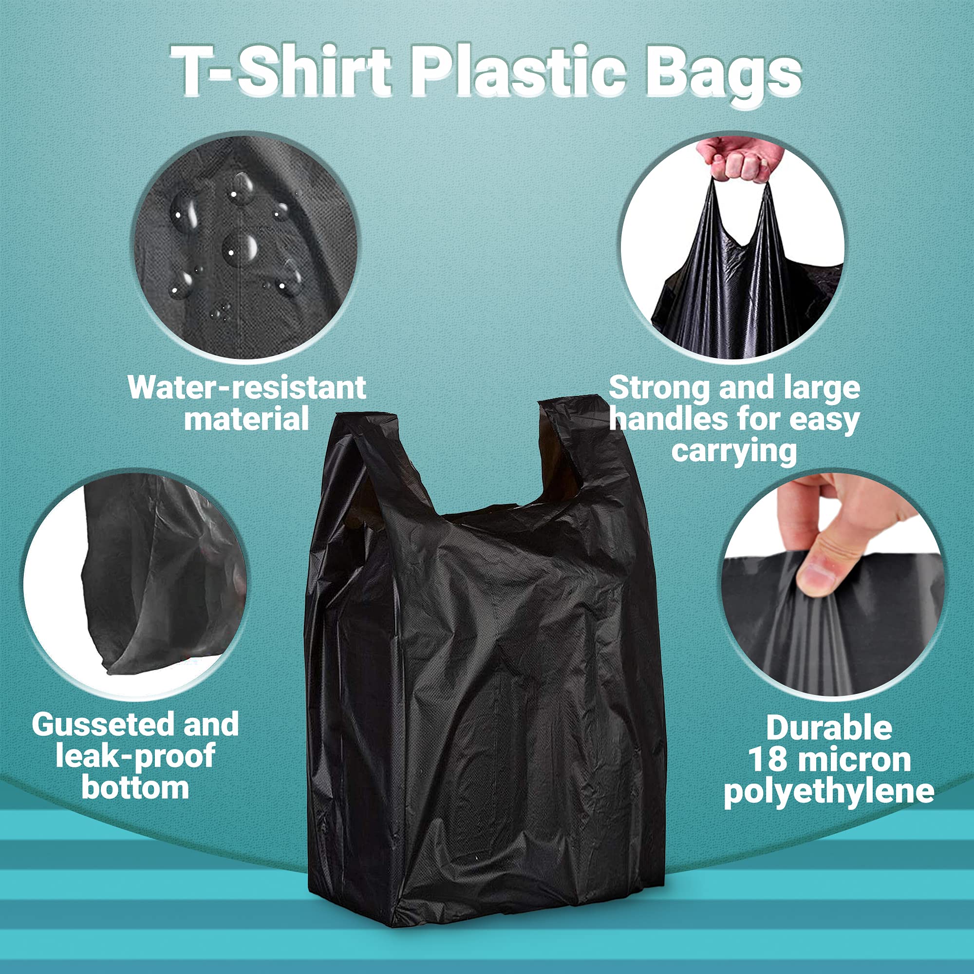 500 Pack Black Mini Jumbo T-Shirt Plastic Bags 16x8x26 - 18 Micron Thickness Polyethylene Shopping Bags with Handles for Retail Stores, Boutiques & Restaurants - Wholesale Bulk Packaging for Clothing, Gifts & Takeout Orders