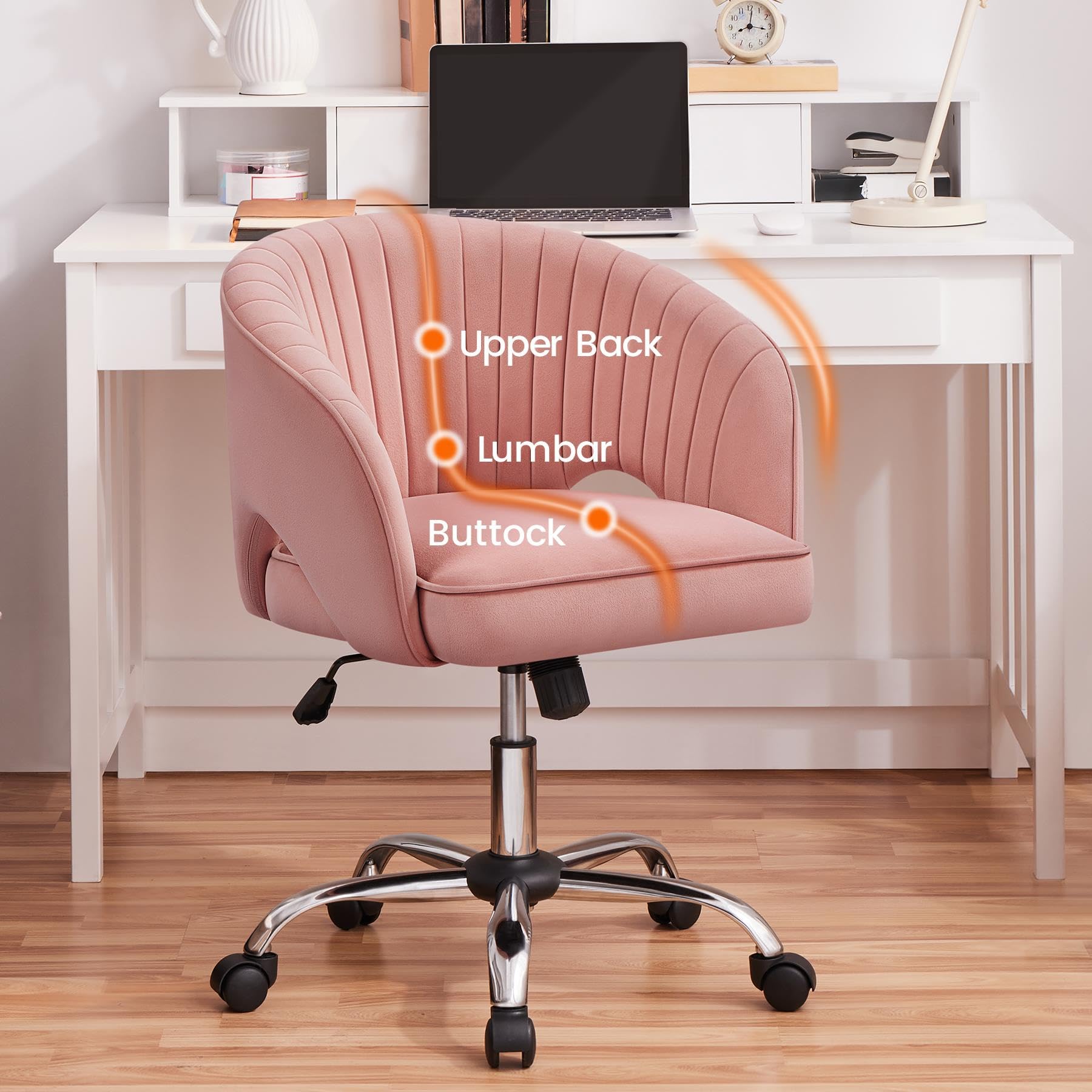 Yaheetech Pink Modern Swivel Rolling Desk Chair with Back - Ergonomic Home Office Chair, Vanity Chair for Study, Bedroom & Workspace - Comfortable Computer Chair for Women & Girls