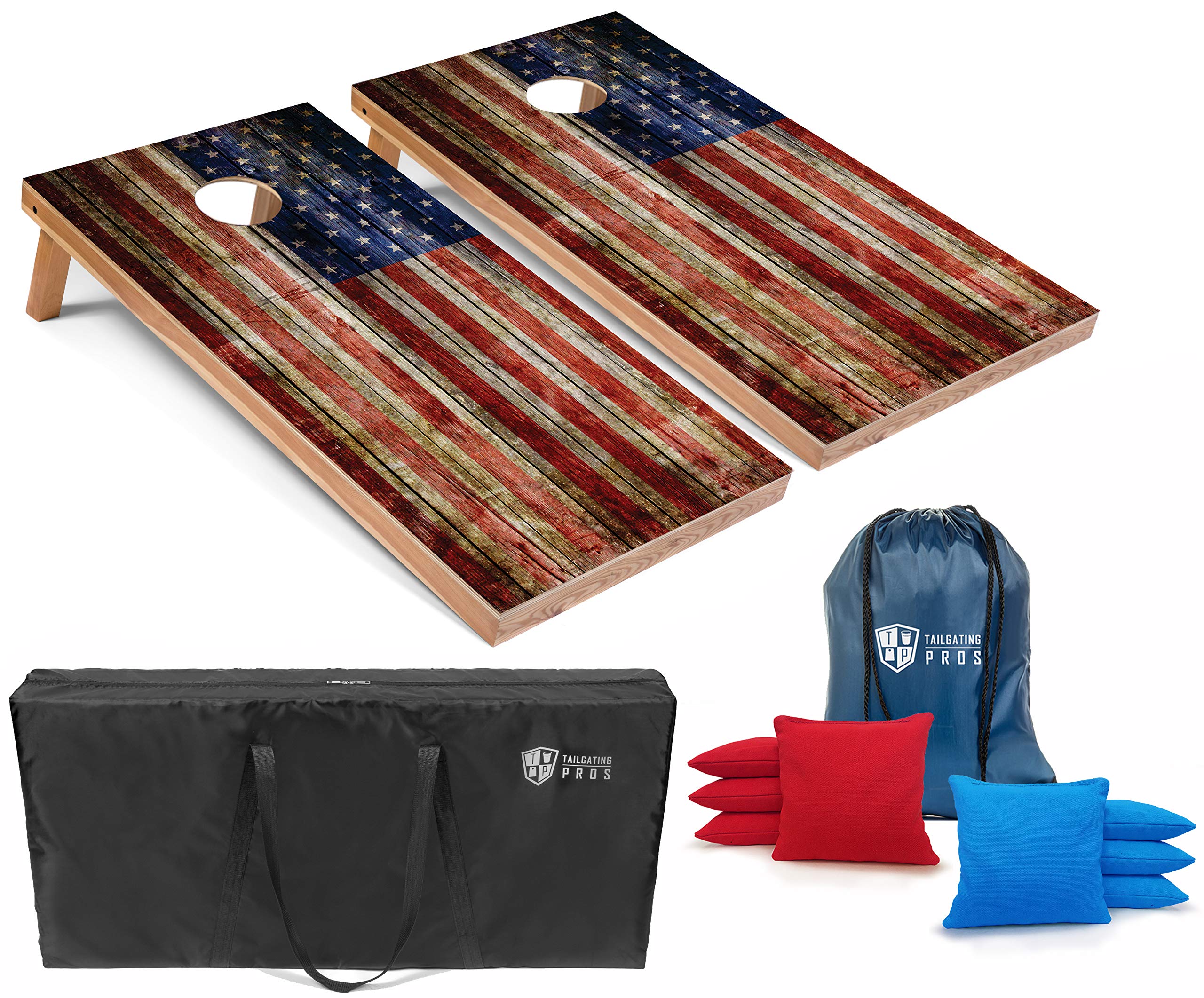 American Flag Cornhole Board Set with Bean Bags & Carrying Case - 4'x2' Wooden Plank Design Toss Game for Tailgating, Backyard Parties, BBQs & Outdoor Events - Includes Ring Light for Night Play