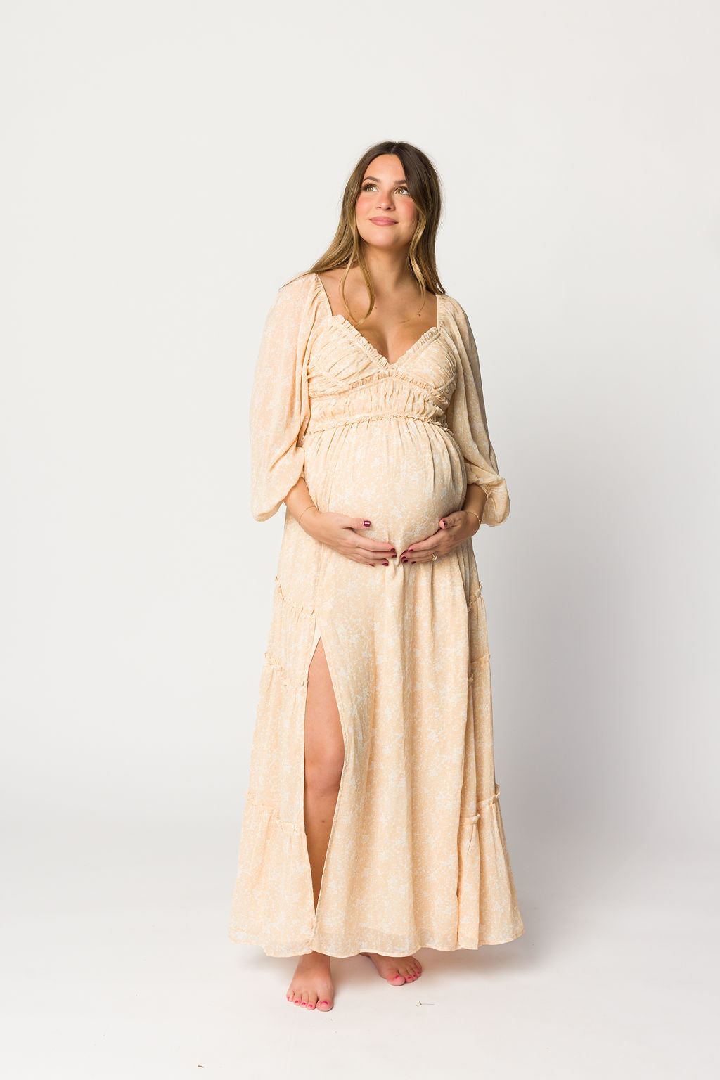 Daphne Long Sleeve Maxi Dress - Light Beige/White Floral Print | Bump Friendly Maternity & Inclusive Sizing (XS-3XL) | Perfect for Pregnancy, Weddings & Special Occasions