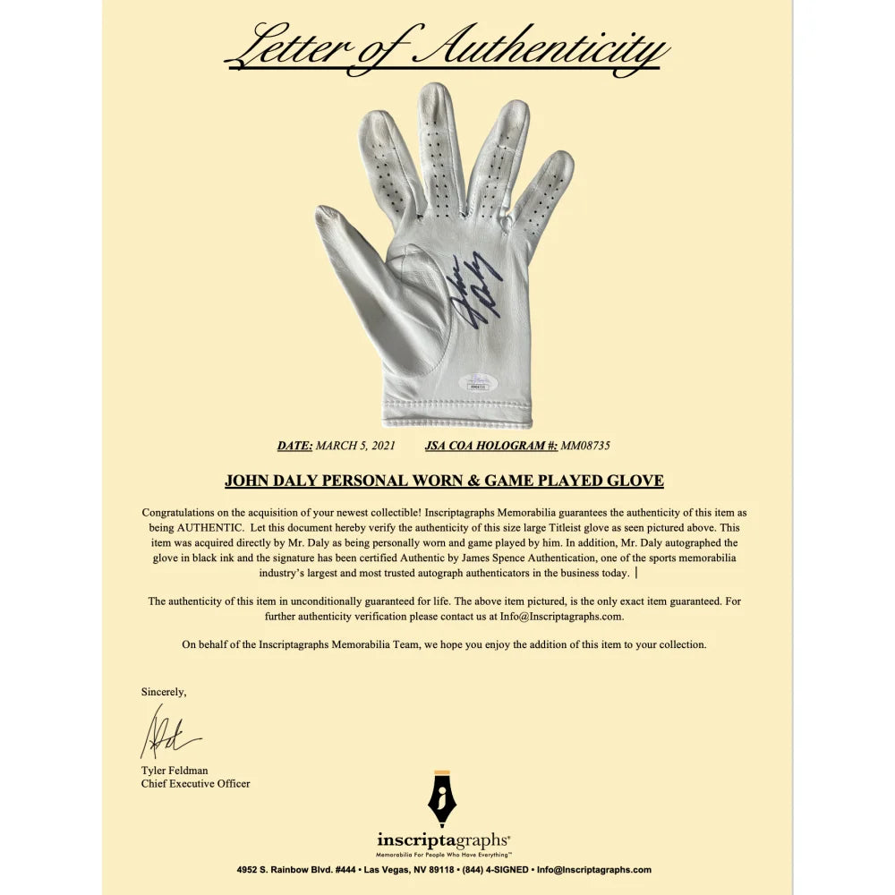 John Daly Autographed Golf Glove - Game Used & Framed with JSA COA - Signed Memorabilia for Golf Fans - Perfect for Man Cave, Sports Bar, or Collector's Display
