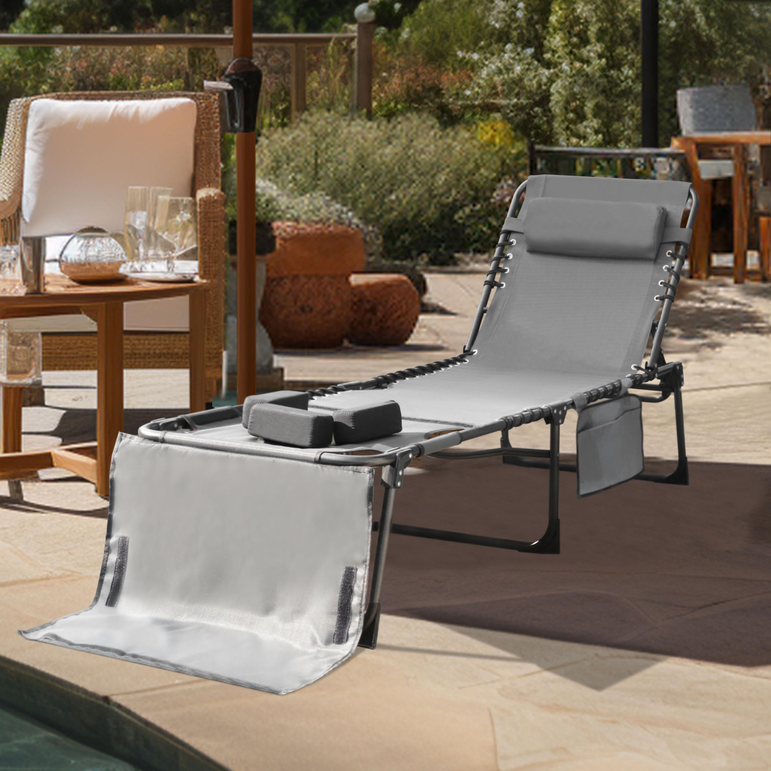 VEIKOU 5-Position Adjustable Tanning Chair with Face Hole - Portable Beach Lounge Chair with Pillow & Storage Pocket - Upgraded Outdoor Sunbathing Chair for Poolside, Patio, Backyard & Beach - Deep Grey