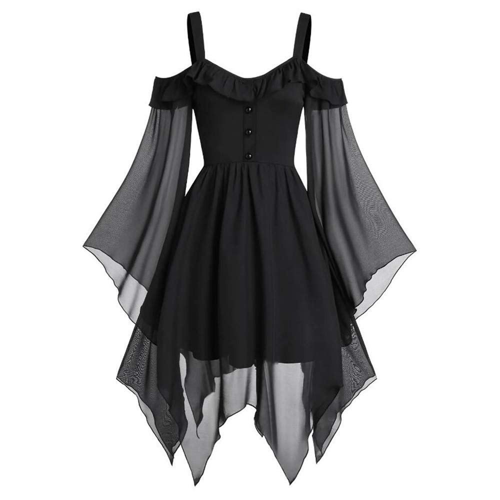 Gothic Lace Strappy Ruffle Dress for Women - Sexy Cold Shoulder Club Dress with T-Shirt Tops | Perfect for Halloween Party, Nightclub Outfits & Gothic Fashion