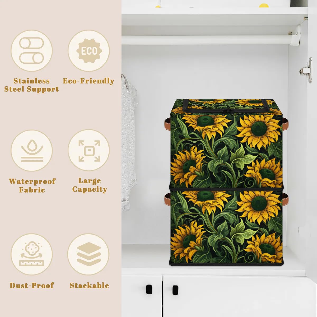 Collapsible Stackable Storage Bins with Lids - Cartoon Sunflower Design Fabric Closet Organizer for Clothes, Toys, Blankets | Space-Saving Home & Office Storage Solution for Bedroom, Kids Room & Dorm Organization