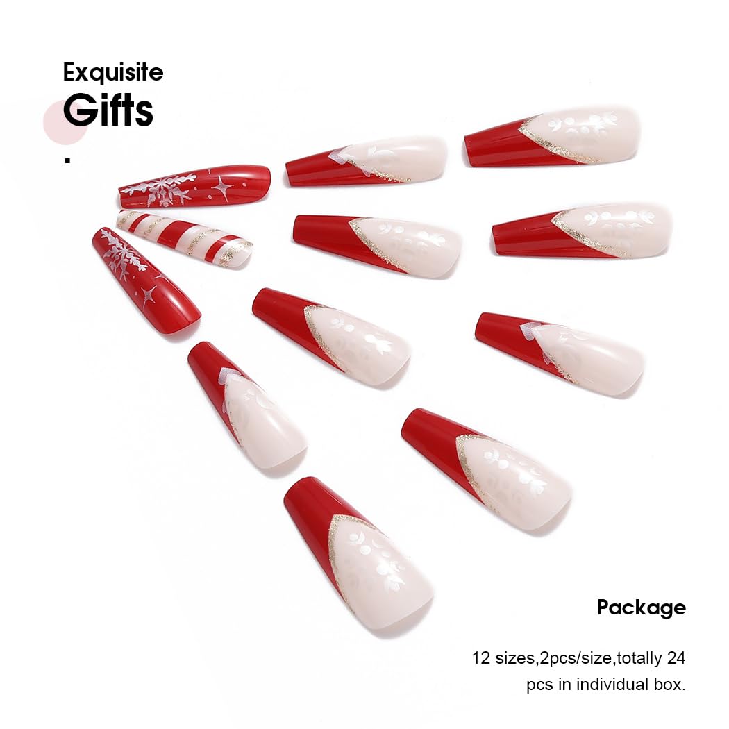 Christmas Press on Nails Long Red Glossy Fake Nails with Snowflake Design - 24Pcs Stick on Nails for Women & Girls - Perfect for Holiday Parties, Gift Giving & Festive Nail Art