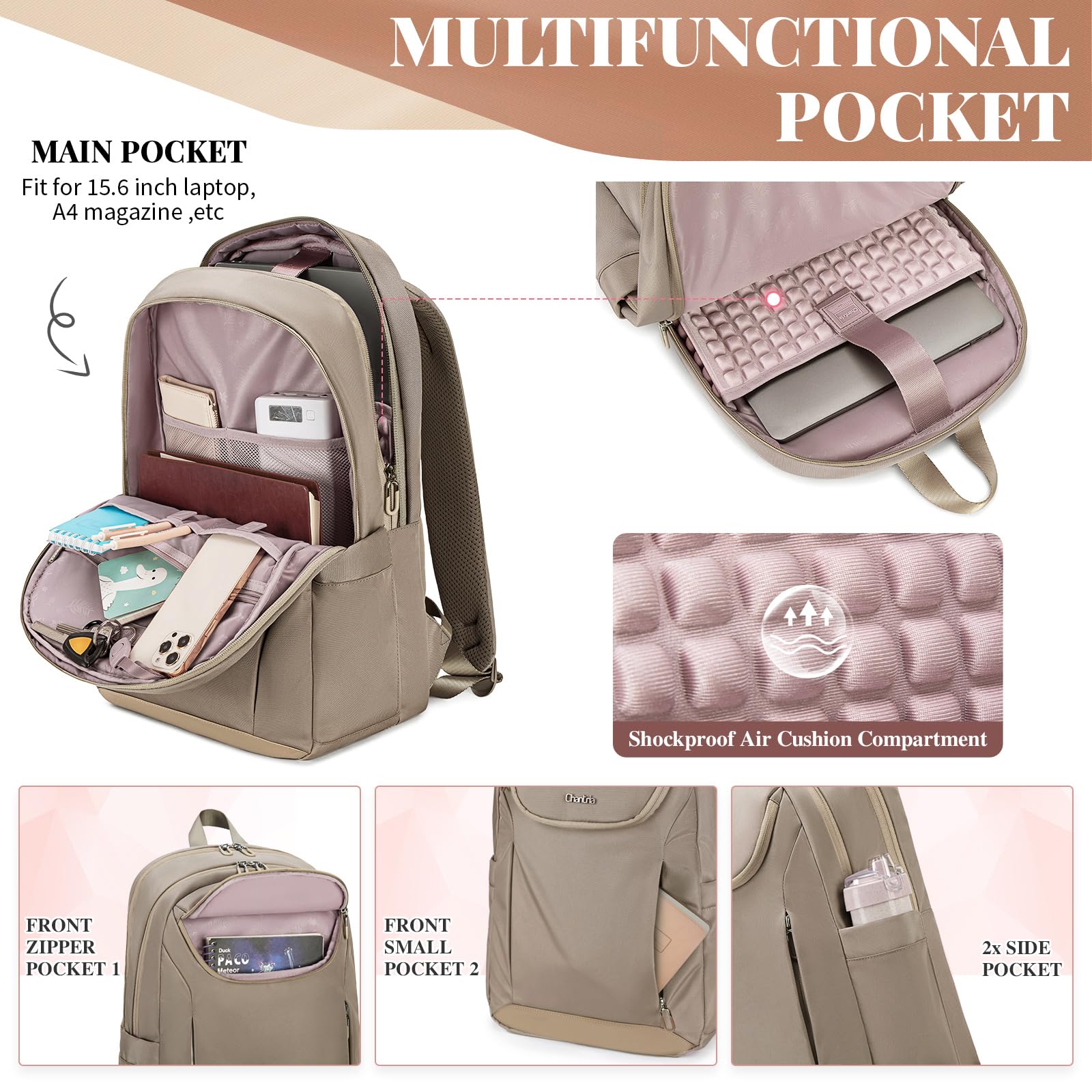 BAIGIO Women's Lightweight Water-Resistant 15.6 Inch Laptop Backpack - Business Travel & Work Computer Bag in Khaki | Perfect for Commuting, Office Use & College Students