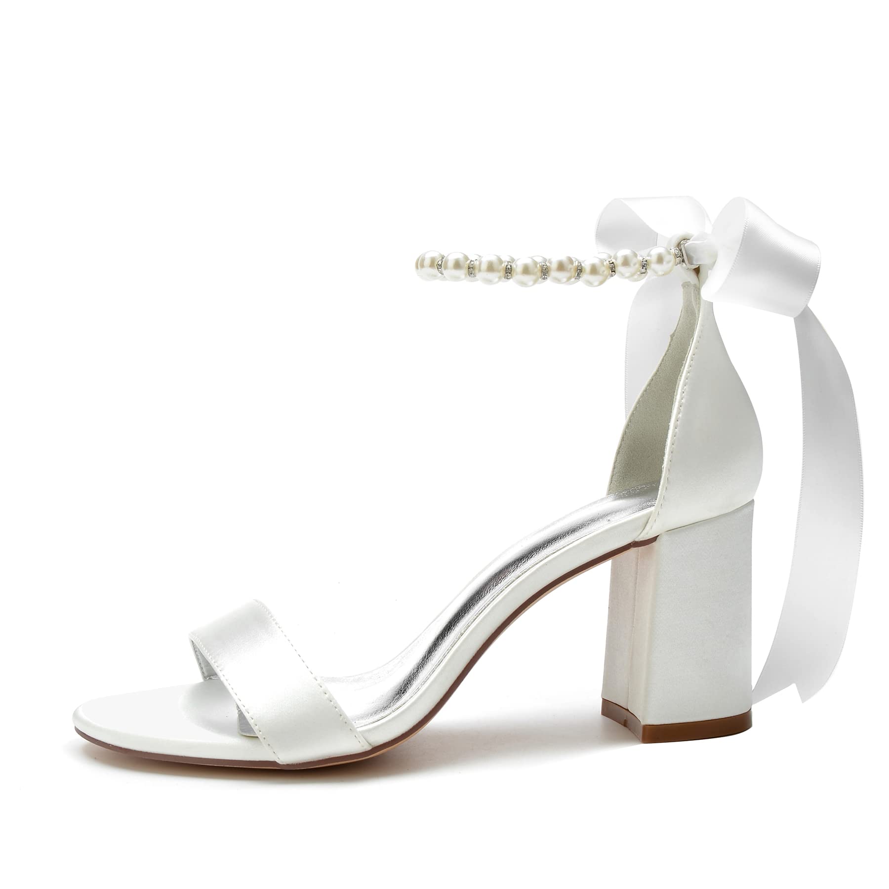 Elegant Women's Chunky Block Heel Sandals with Pearl Ankle Strap - Open Toe Dressy Pumps for Weddings, Parties & Special Occasions