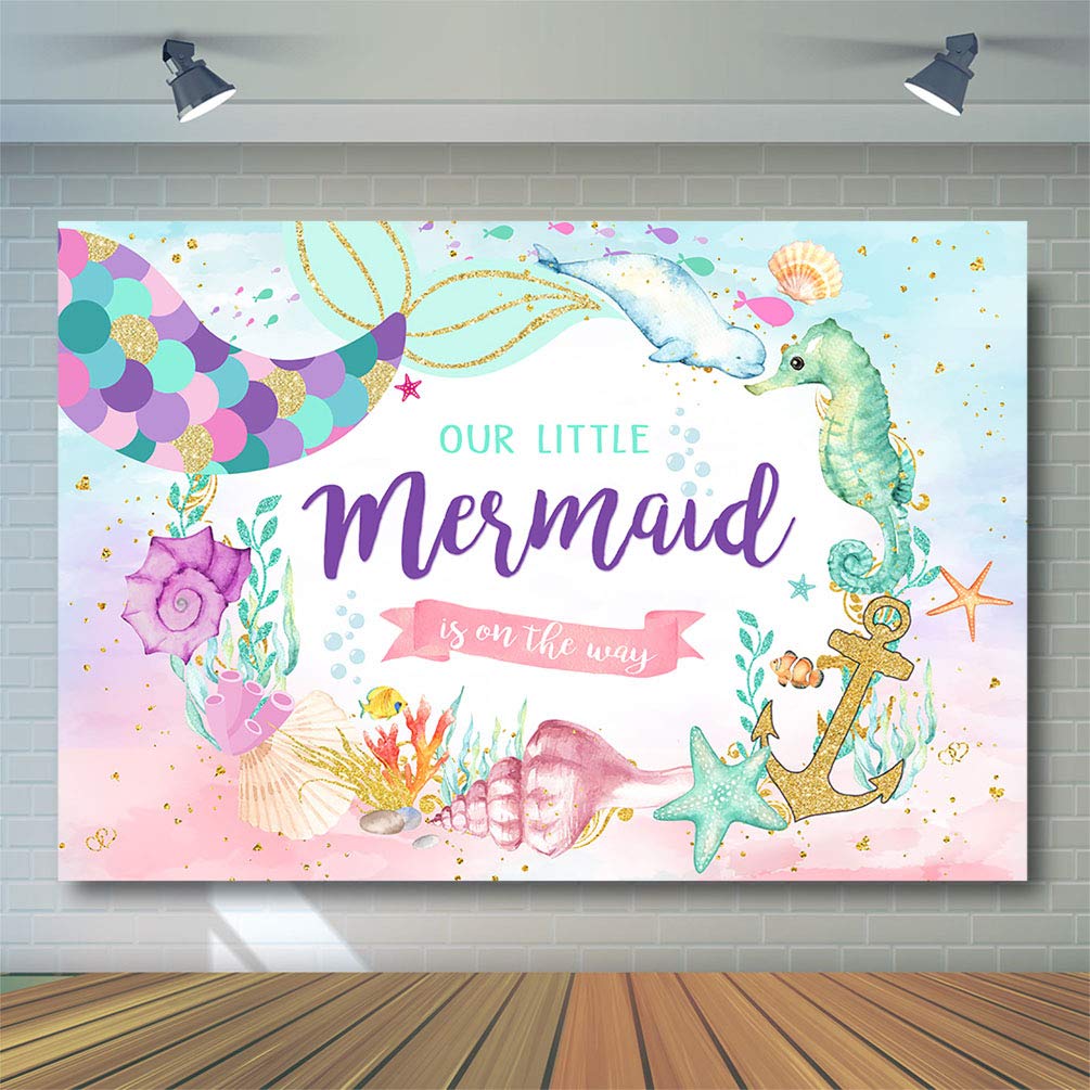 7x5ft Mermaid Baby Shower Backdrop - Underwater Sea Theme Photography Background with Mermaid Tail Design for Girl's Birthday Party Decor, Cake Table Banner - Perfect for Baby Showers, Gender Reveals & Themed Celebrations