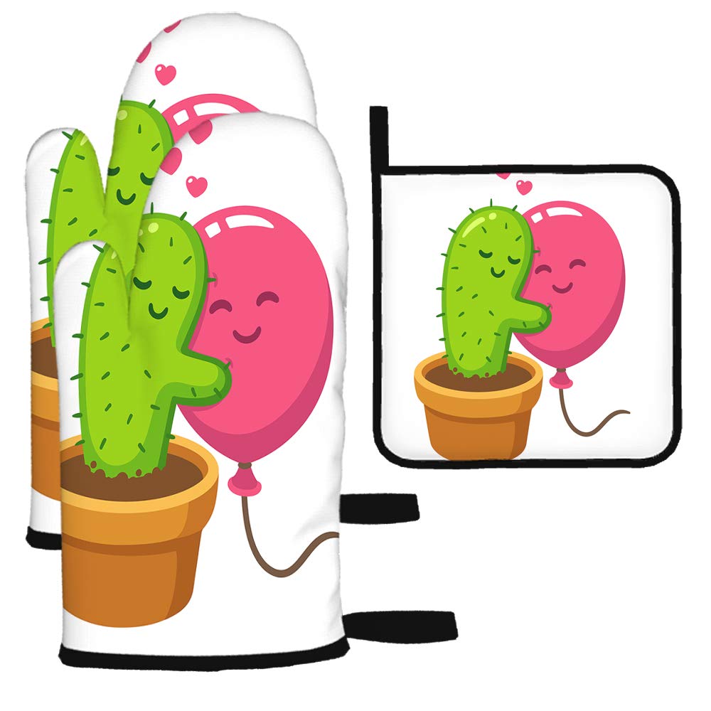 Swono Cactus Oven Mitts & Pot Holders Set - 3PCS Heat Resistant Kitchen Gloves for BBQ, Baking, Grilling | Cute Cartoon Cactus & Balloon Design | Perfect for Home Cooking, Outdoor Camping & Backyard Parties