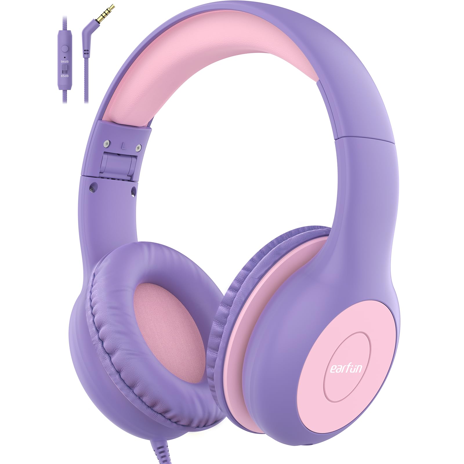 EarFun Kids Wired Headphones with Microphone - 85/94dB Volume Limited, Stereo Sound Foldable Headphones for Children, Shareport Feature for School, Tablet, Kindle - Violet Pink | Perfect for Online Learning, Travel & Home Use