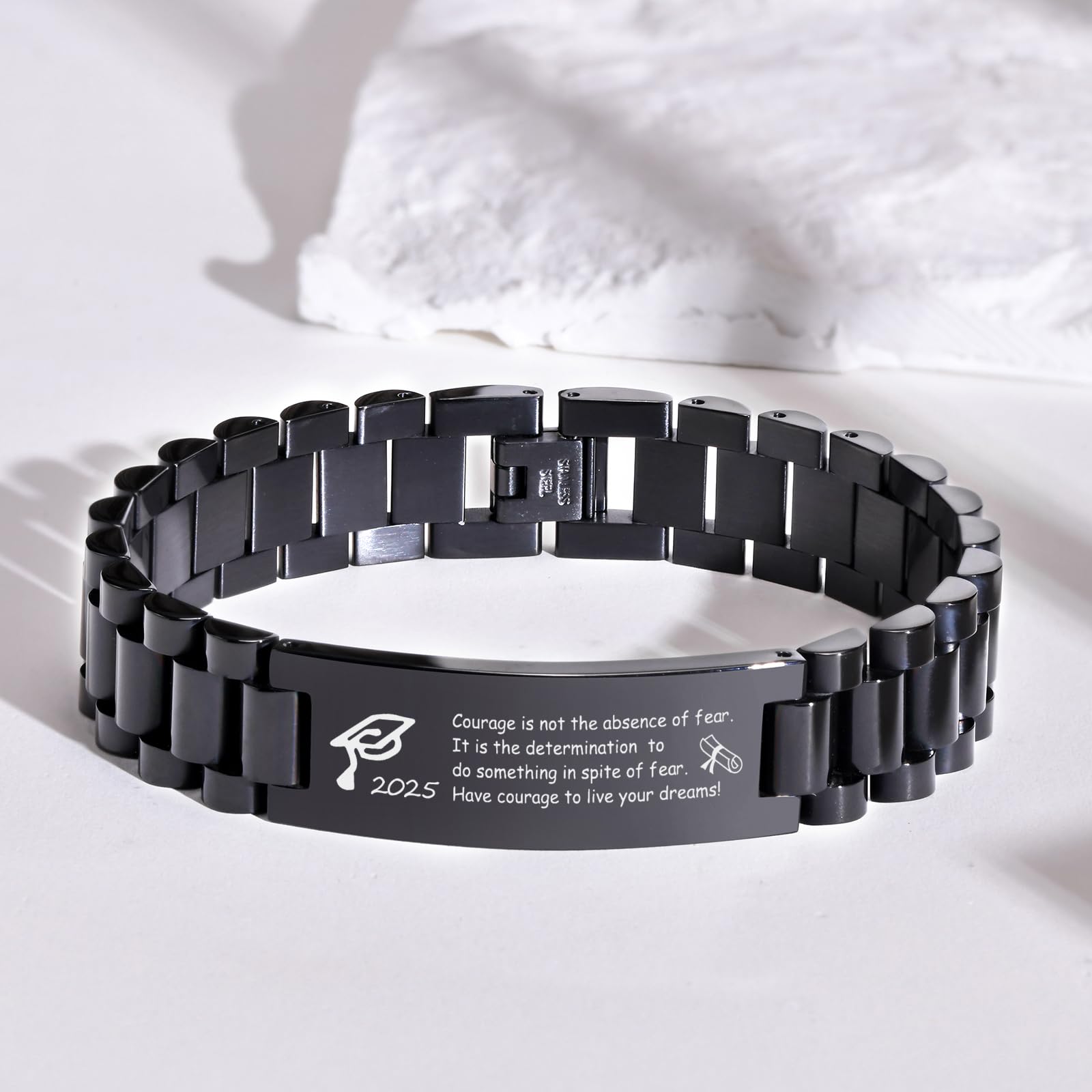 Custom Graduation Bracelet for Men - Inspirational Class of 2025 Gift - Stainless Steel Link Bracelet for College Graduates - Personalized Graduation Gift for Him - Perfect for Commencement Ceremonies & Alumni Celebrations