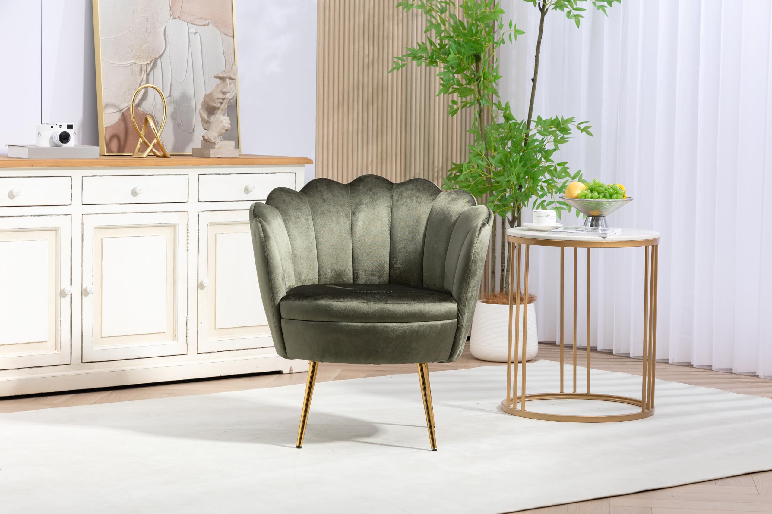 Modern Velvet Accent Chair with Golden Metal Legs - Comfy Upholstered Armchair for Bedroom, Living Room & Vanity - Stylish Desk & Makeup Chair (Army Green) - Perfect for Home Office, Dressing Area & Lounge Decor