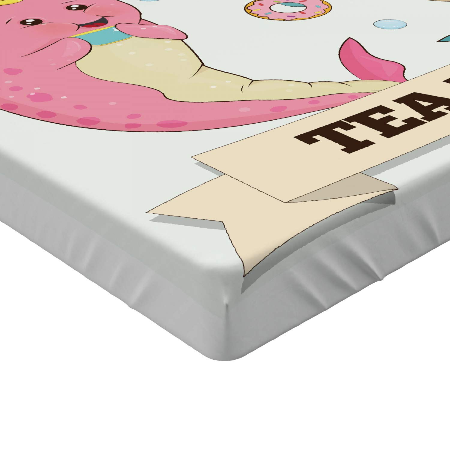 Ambesonne Narwhal Fitted Sheet - Tea Drinking Whales Ocean Unicorn Design with Abstract Bubbles Backdrop - Deep Pocket Elastic Bed Cover for Twin Size Bed - Pale Pink & Blue - Perfect for Kids' Rooms, Beach Themed Decor, and Unique Gift Ideas
