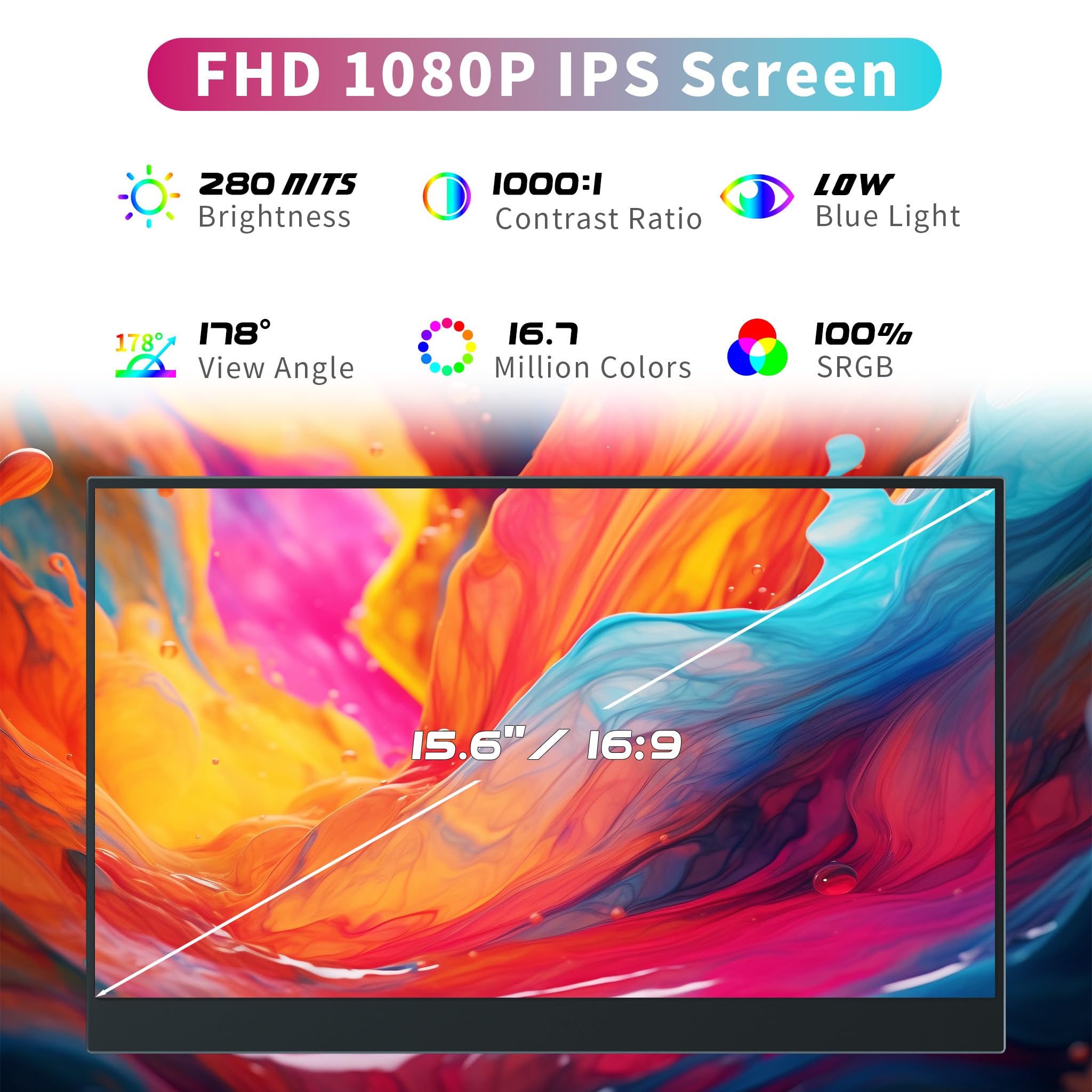 15.6 Inch Portable Monitor for Laptop - FHD 1080P USB-C HDMI Second Screen with Built-in Speakers & Cover Stand | Compatible with PC, Mac, PS5/4, Xbox, Switch | Perfect for Travel, Gaming, Remote Work & Office Setup