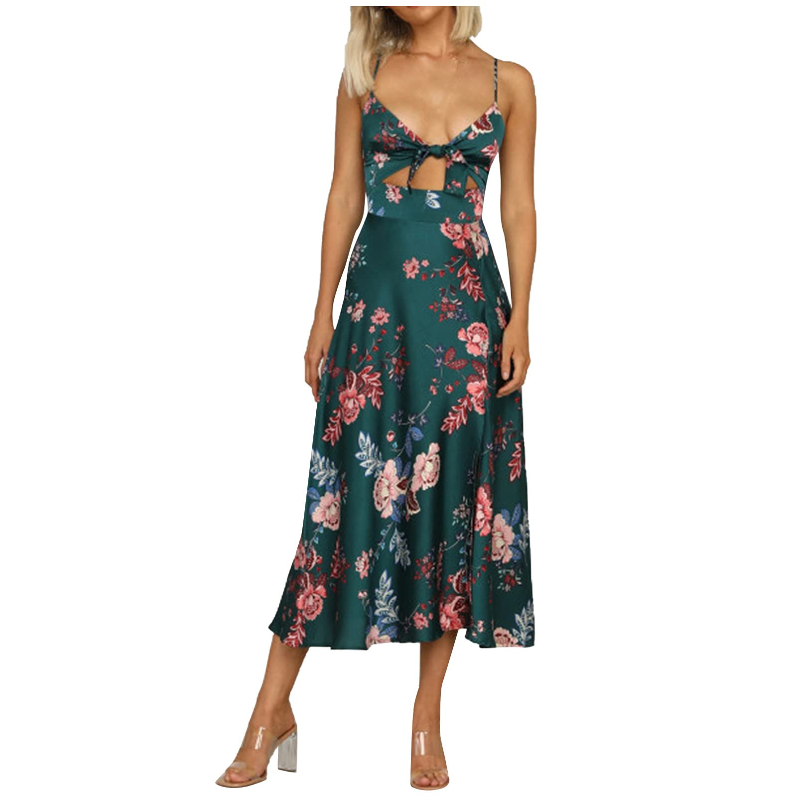 Women's Floral Spaghetti Strap Satin Midi Dress - Sexy Tie Front Backless Summer Dress with Thigh Split | Perfect for Beach Vacations, Date Nights & Summer Parties