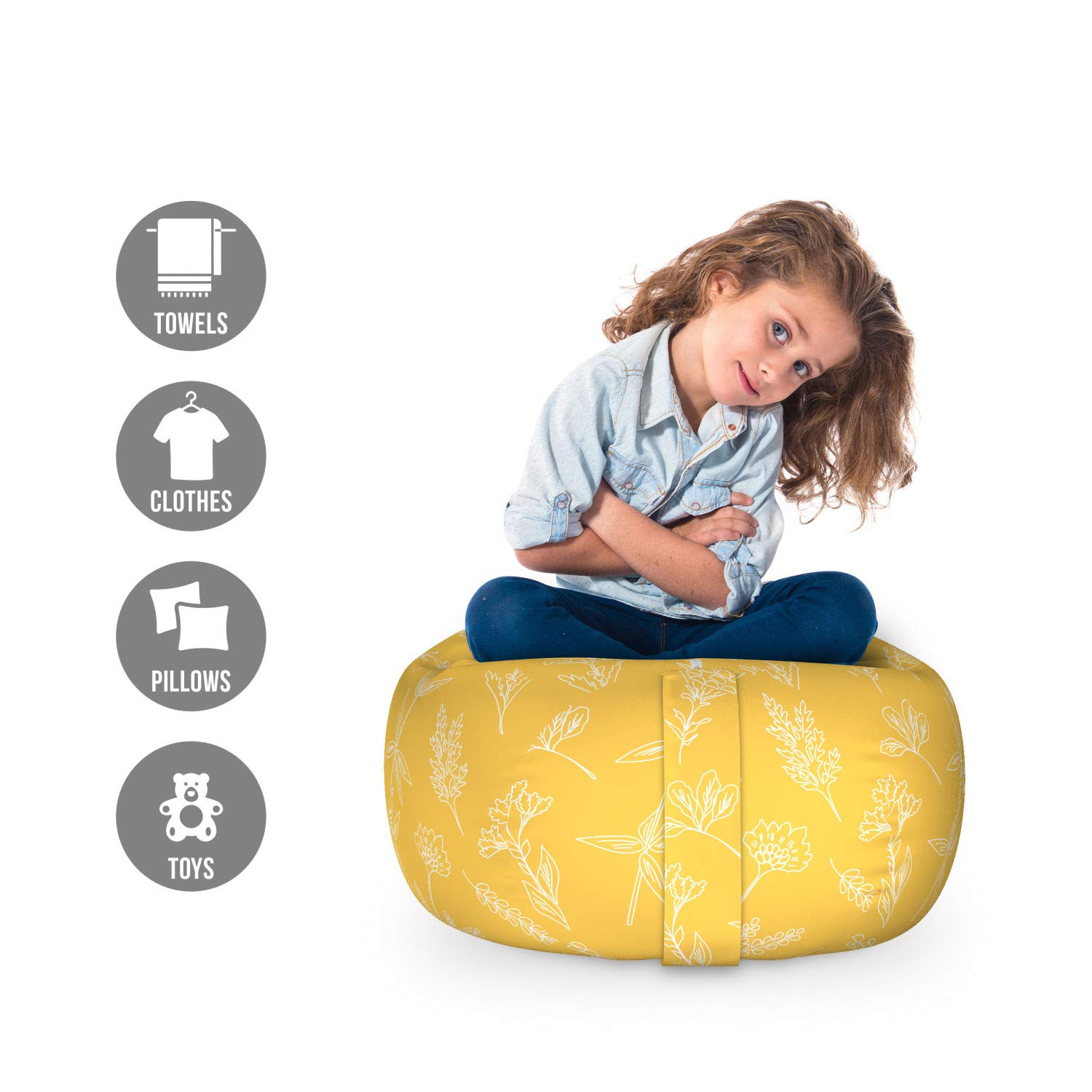 Ambesonne Floral Storage Toy Bag Chair - Washable Stuffed Animal Organizer with Forest Wildflowers Outline Drawings, Small Size in Mustard & White | Perfect for Kids' Room, Nursery, Playroom & Home Organization