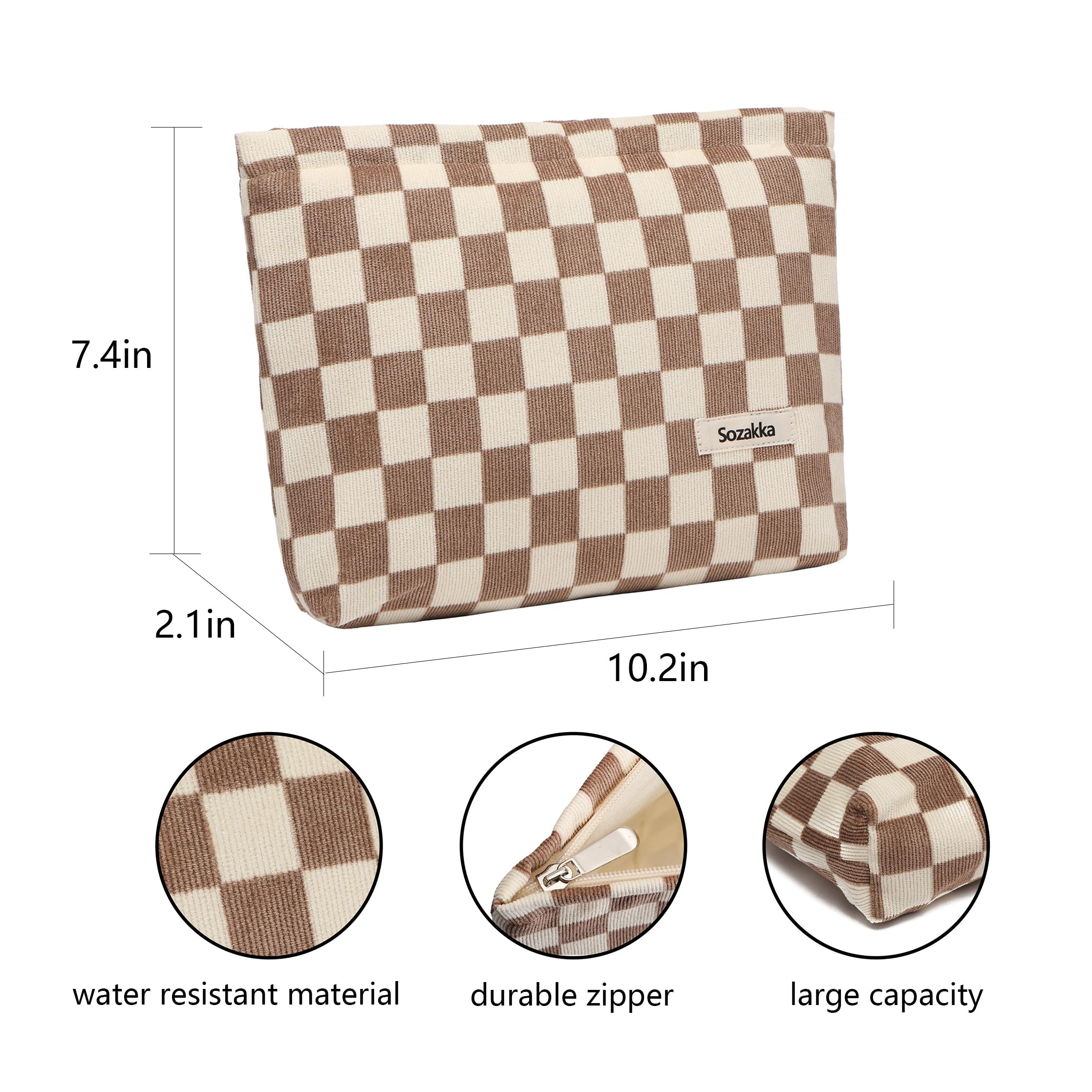 Stylish Canvas Checkered Makeup Bag for Women - Travel Cosmetic Organizer with Zipper, Brown Makeup Pouch for Girls | Perfect for Travel, Gym, and Daily Essentials Storage