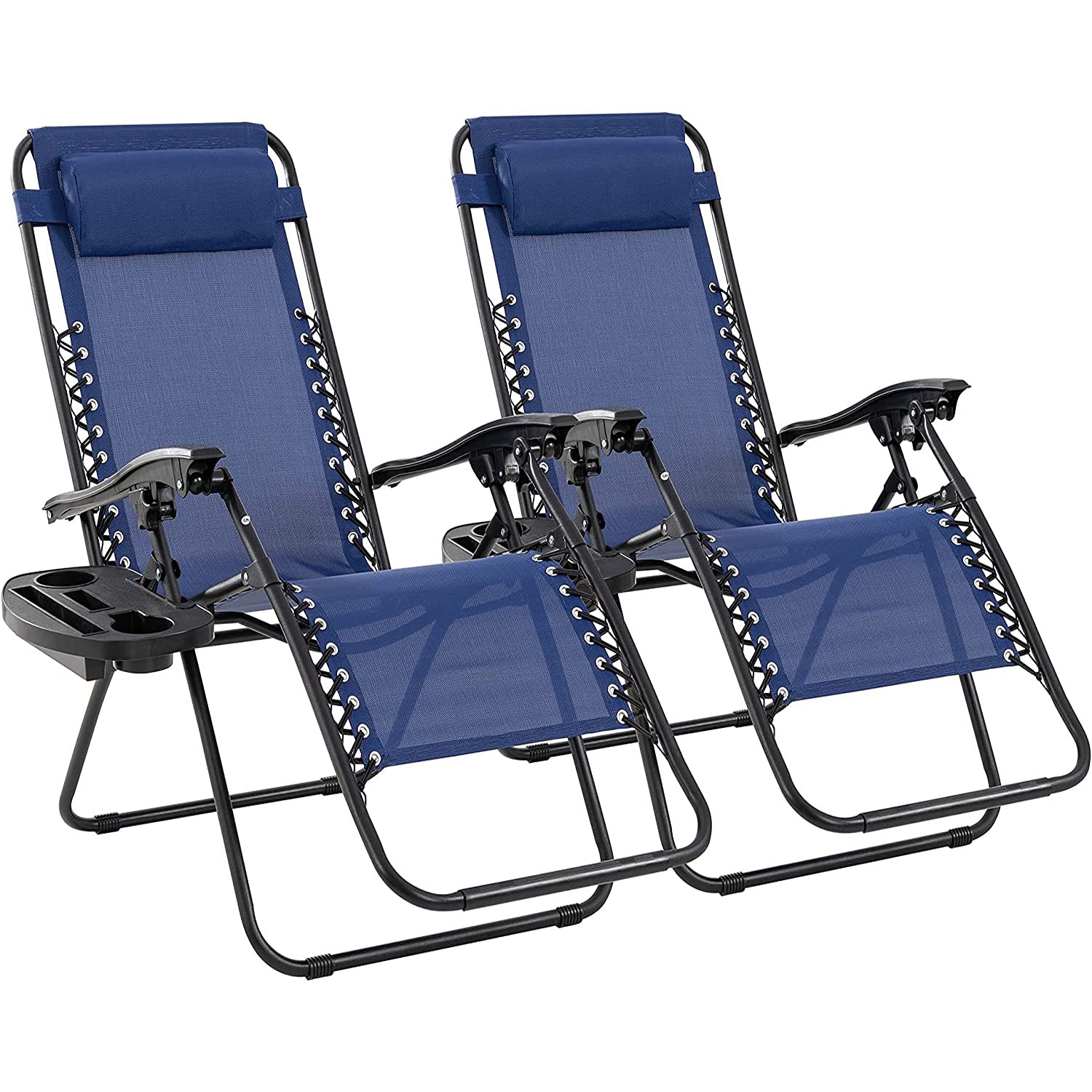 Premium Zero Gravity Lounge Chair with Adjustable Headrest & Cup Holder - 2-Piece Set for Outdoor Relaxation in Garden, Patio, Poolside or Beach (Dark Blue) - Perfect for Sunbathing, Camping & Backyard Lounging
