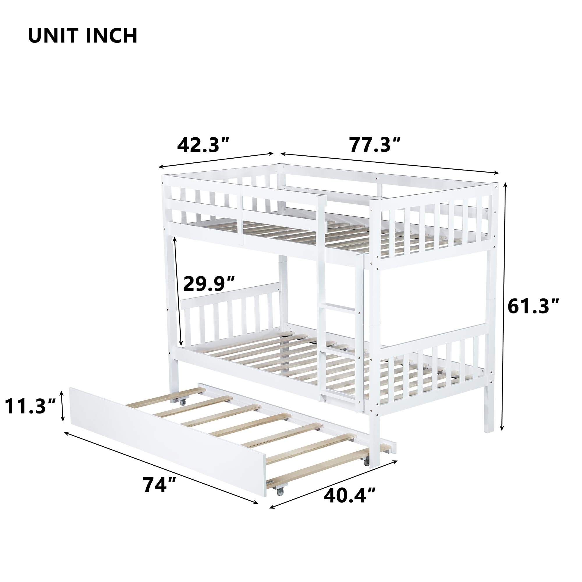 **Twin Over Twin Bunk Bed with Trundle - White Wooden Bunk Beds for Kids & Teens - Space-Saving Bedroom Furniture for Small Rooms & Sleepovers**
