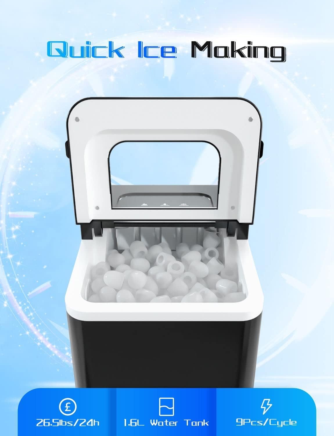 ARLIME Countertop Portable Ice Maker Machine - Fast 8-Minute Bullet Ice, 26LBS/24H Capacity - Includes Ice Scoop & Basket - Perfect for Home, Office, Party, Bar, RV, Camping (Black)