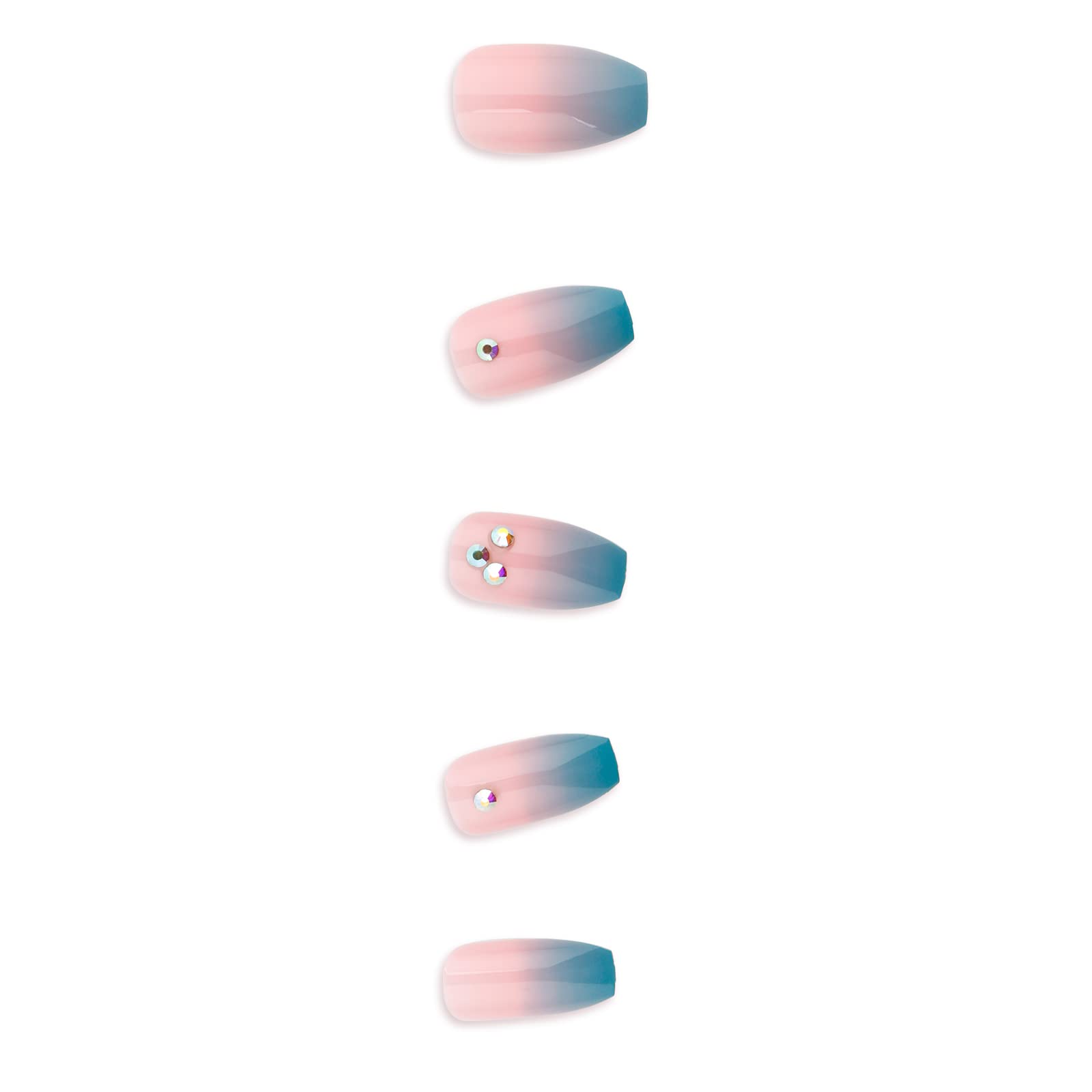 E&A Press On Nails - Blue Pink Gradient Rhinestone Acrylic Fake Nails | UV Finish Short Pointed Almond Shape, Reusable Pastel False Nails, 28PCS Manicure Kit for Parties, Weddings, and Daily Wear
