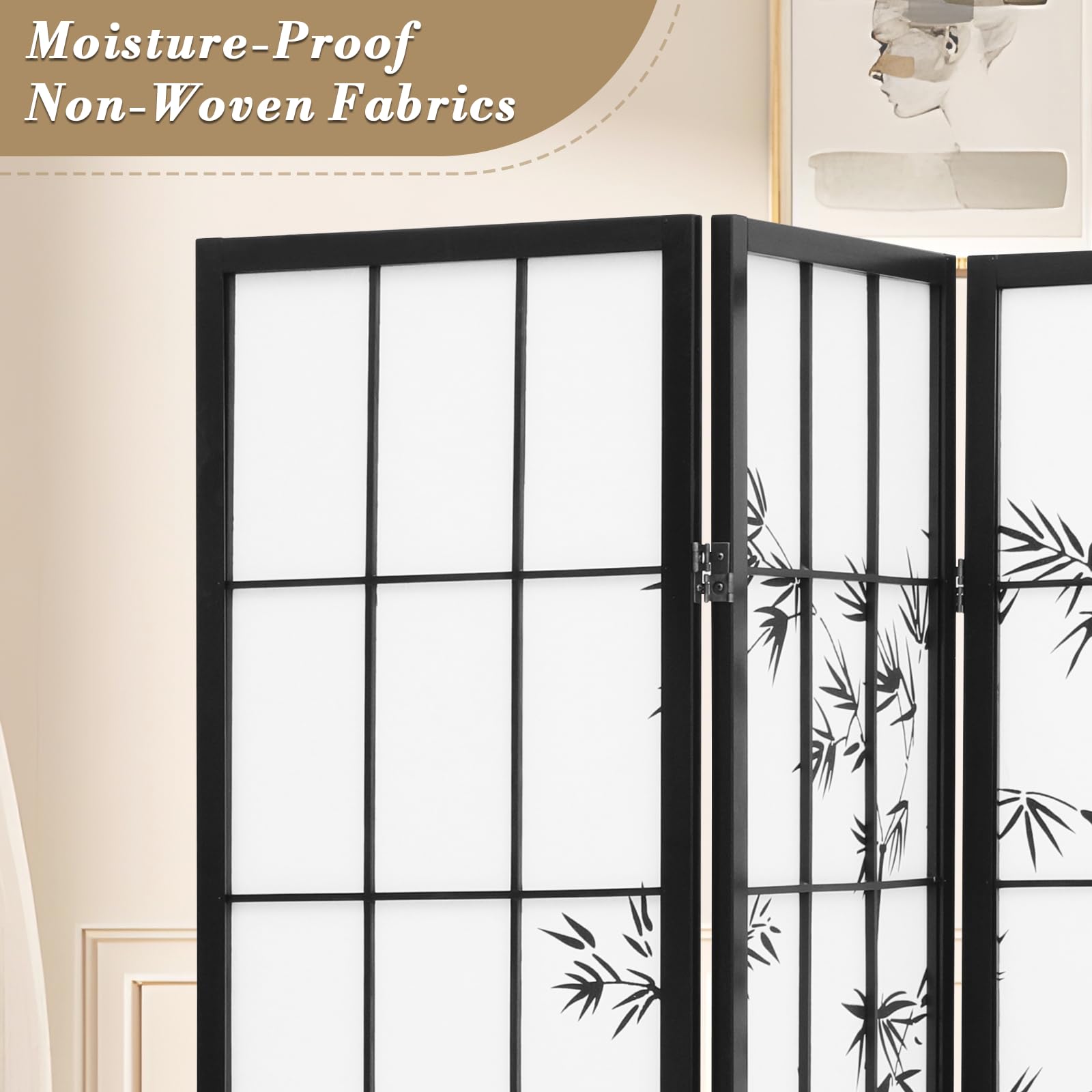 Athena Collection 4 Panel Bamboo Room Divider - 5.9ft Japanese Style Folding Privacy Screen, Freestanding Wood Partition for Bedroom, Home Office & Living Room - Black | Perfect for Space Separation & Home Decor