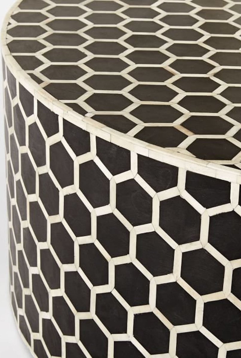 Handmade Bone Inlay Honeycomb Design Round Coffee Table - Black Wooden Accent Table for Living Room, Lounge & Office Decor | Modern Boho Home Furniture
