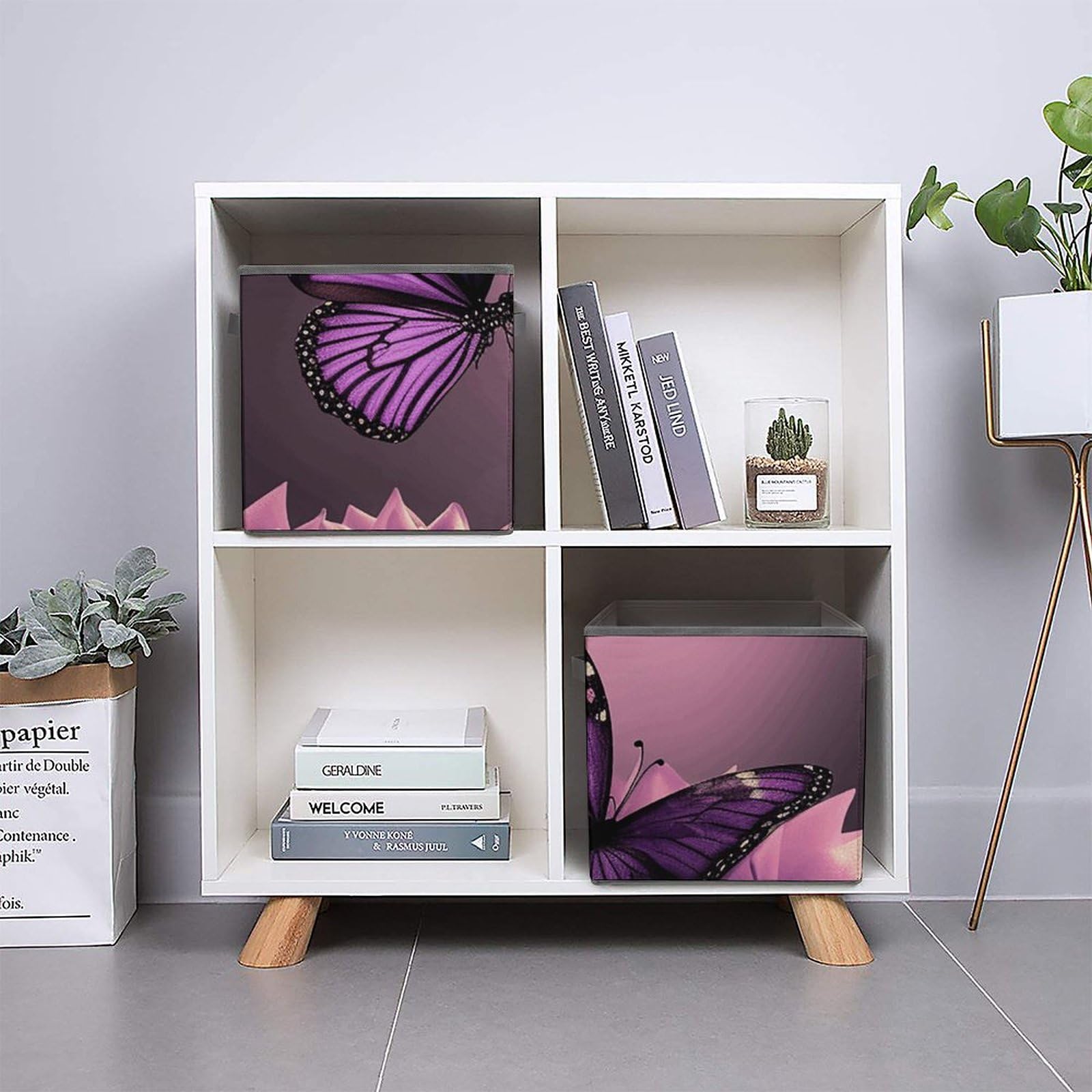 Large Collapsible Storage Bins with Handles - 10.6x10.6x10.6 Inch Purple Butterfly Design Closet Organizer Cubes for Home & Office Organization | Perfect for Bedroom, Kids Room & Pantry Storage