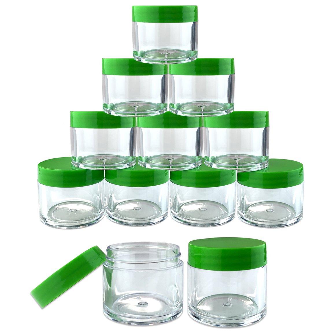 Beauticom 12-Piece 1 oz Clear Acrylic Round Jars with Flat Lids - Cosmetic Containers for Creams, Lotions, Makeup, Ointments | Perfect for DIY Skincare, Travel Samples & Herbal Storage (12 Jars + Lids, Green)