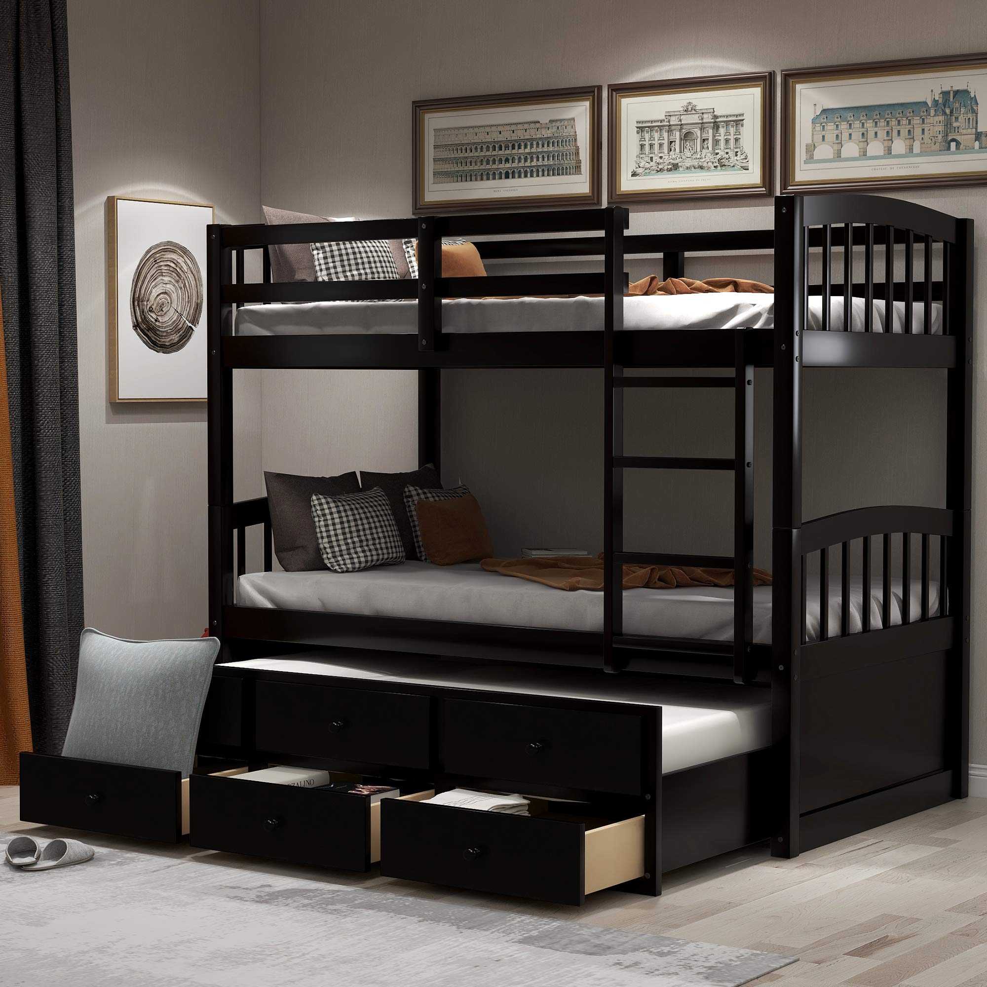 Harper&Bright Designs Twin-Over-Twin Bunk Bed with Safety Rail & Ladder, Twin Trundle Bed Frame with 3 Drawers - Space Saving Kids & Teens Bedroom Furniture, Guest Room Solution in Dark Espresso Finish - Perfect for Small Rooms, Sleepovers & Vacation Homes