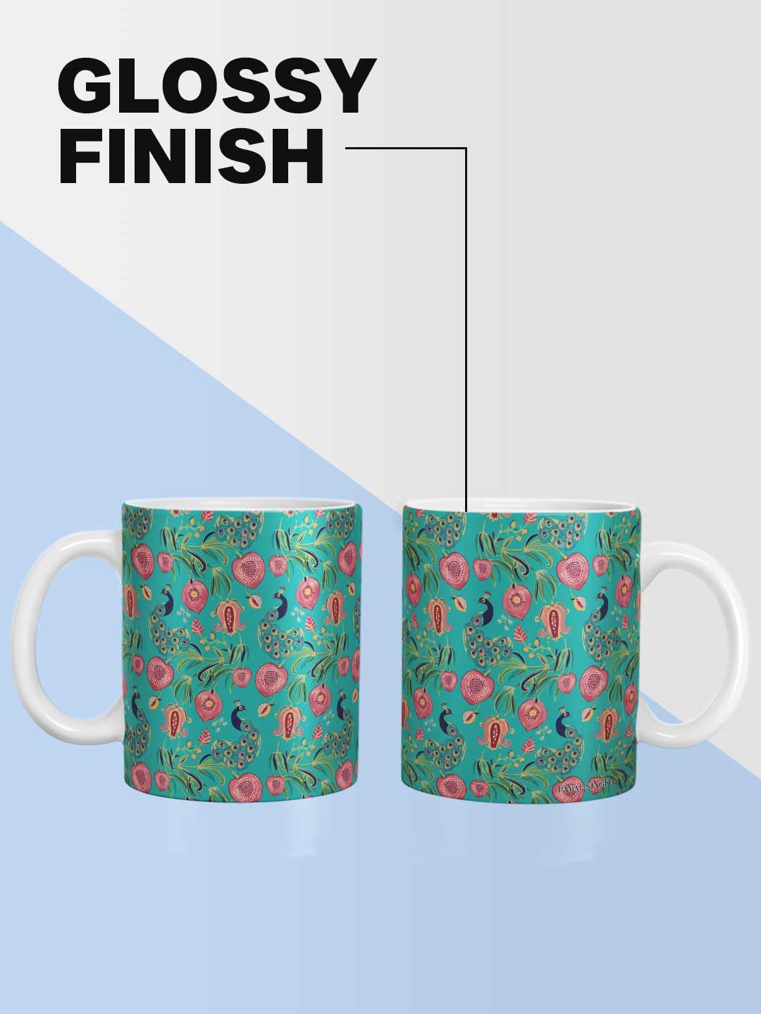 Macmerise Payal Singhal Anaar and Mor Teal Ceramic Coffee Mug - Premium 325ml HD Printed Tea Cup, Microwave & Dishwasher Safe, Durable Hygienic Ceramic - Perfect for Home, Office, Gifts & Boho Decor