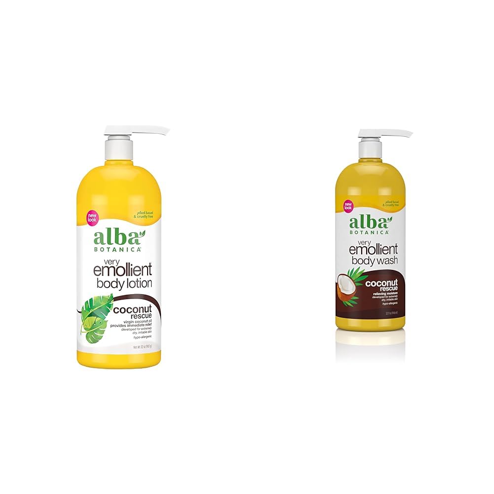 Alba Botanica Coconut Rescue Body Lotion & Body Wash Bundle, 32 Oz Each - Hydrating & Moisturizing for Dry Skin - Perfect for Shower & Daily Skincare Routine