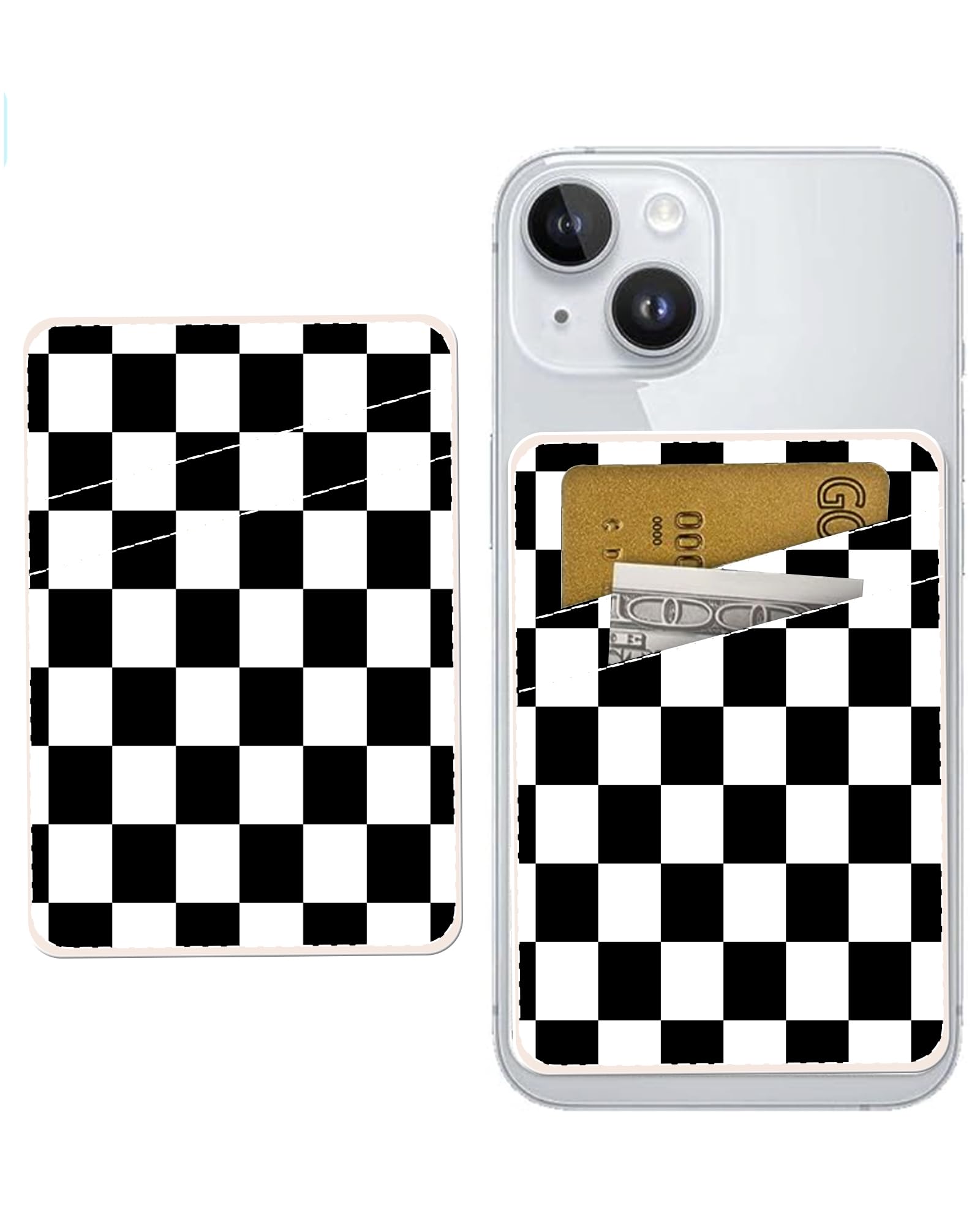 ADBOR Leather Phone Card Holder - Slim Dual Pocket Stick On Wallet for Credit Cards & ID - Classic Checkerboard Design - Perfect for iPhone Cases & Everyday Use