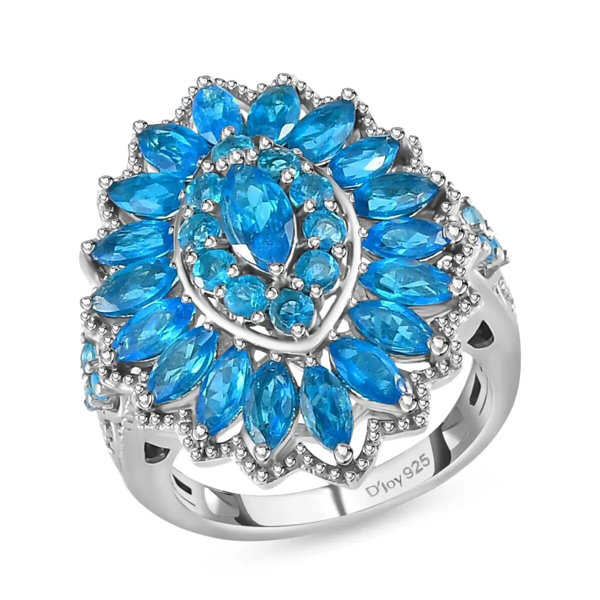 2.9 Ct 925 Sterling Silver Platinum Plated Neon Apatite Cluster Ring for Women - Size 6 | Engagement, Anniversary, Wedding, Promise, Birthday Gift | Perfect for Date Nights, Parties & Special Occasions