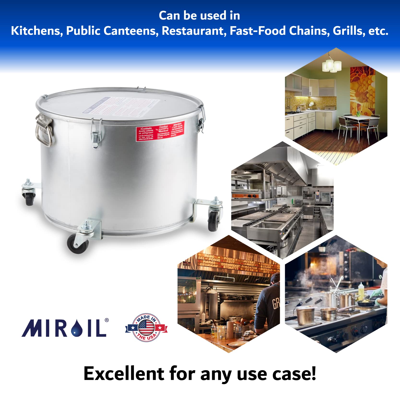MirOil 7 Gallon Oil Disposal Caddy with Caster Wheels - 55lb Frying Oil Storage Container with Locking Lid & Clips - Heavy Duty Grease Bucket for Hot Cooking Oil Disposal - Ideal for Restaurants, Food Trucks & Home Kitchens