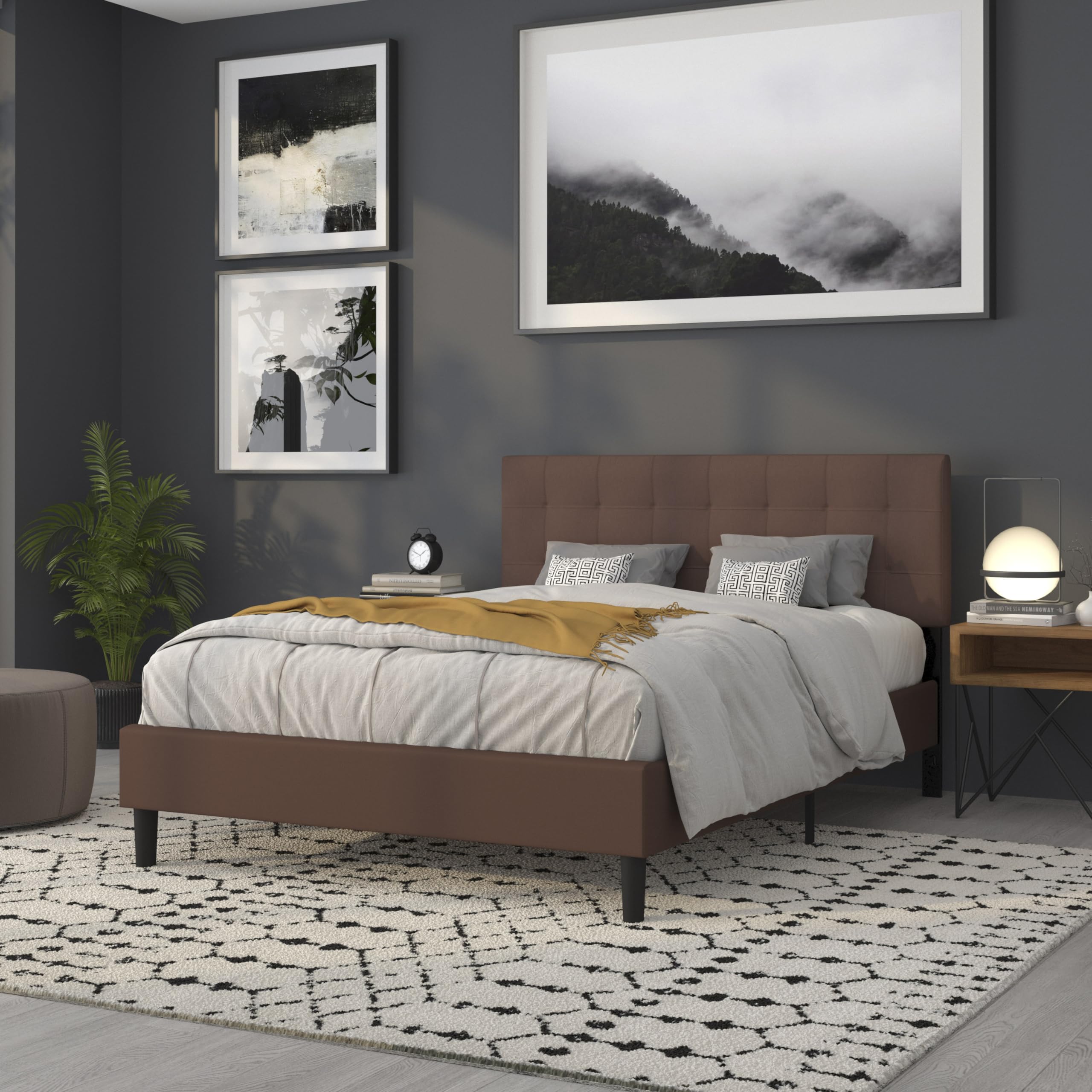Quilted Tufted Queen Size Headboard - Dark Brown Upholstered Fabric Headboard for Bedroom, Elegant Bed Frame Accent for Master Bedroom Decor