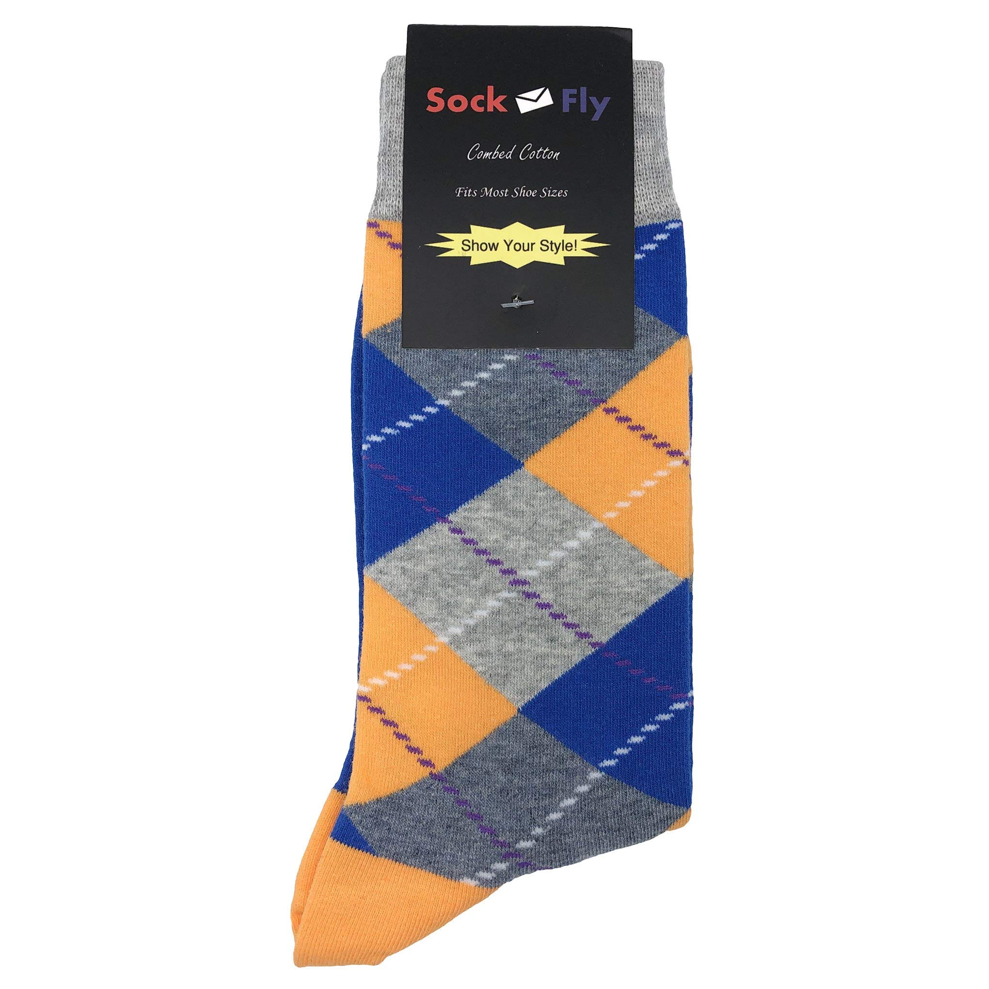 Fun Argyle Dress Socks for Men - Colorful Novelty Cotton Crew Socks (Size 8-12) - Crazy Funky Fancy Design - Perfect Gift & Office Casual Wear