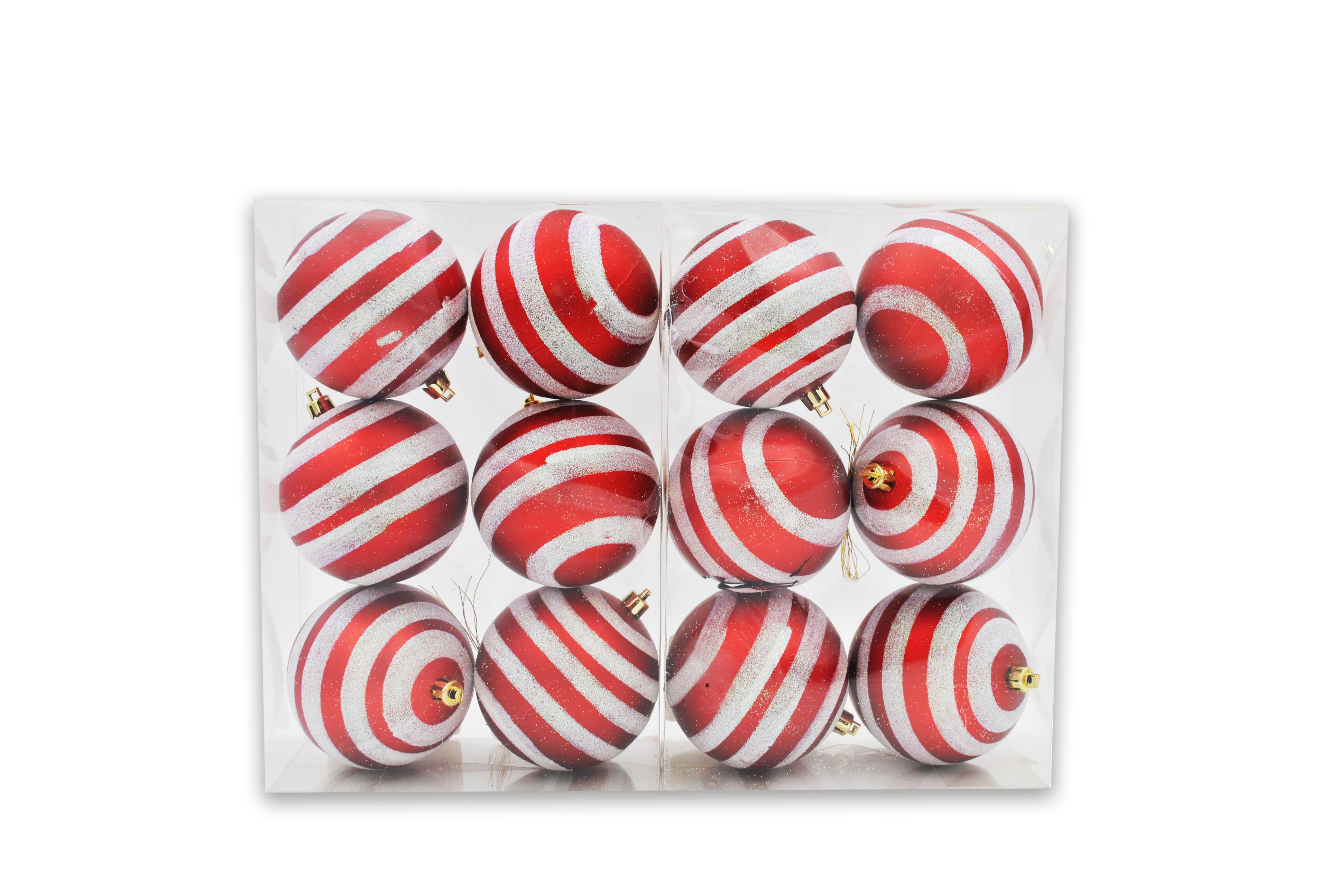 12 Pack Matte Red Christmas Ball Ornaments with White Glitter Stripes - Holiday Tree Decorations for Xmas Party, Home, Office & Festive Decor