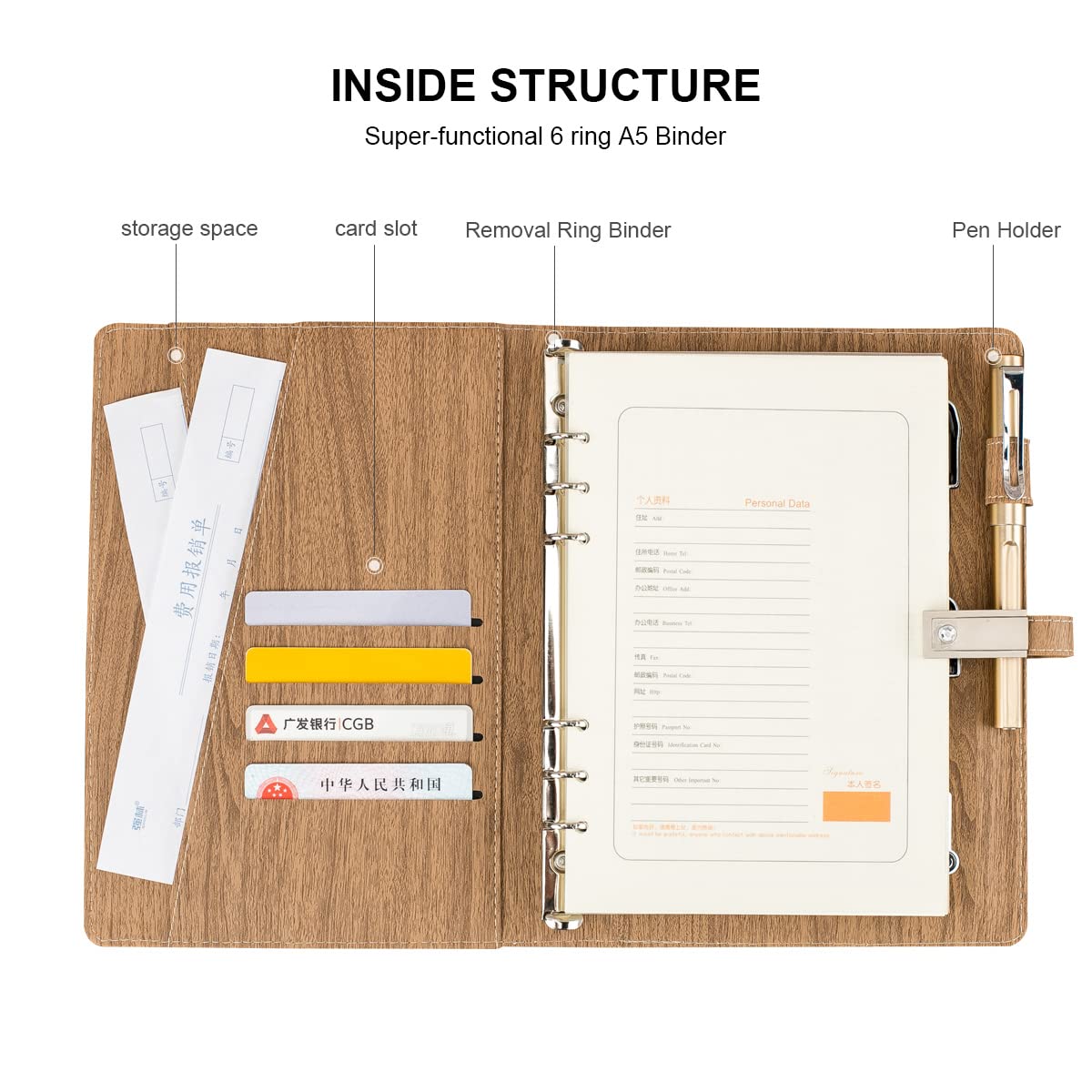 Premium Leather A5 Binder with 8000mAh Power Bank - 6-Ring Planner Notebook Organizer with Document Sleeve, Card Holder & Pencil Loop - Compatible with A5 Filler Paper (Wood Grain) - Perfect for Business Meetings, College Students & Office Professionals