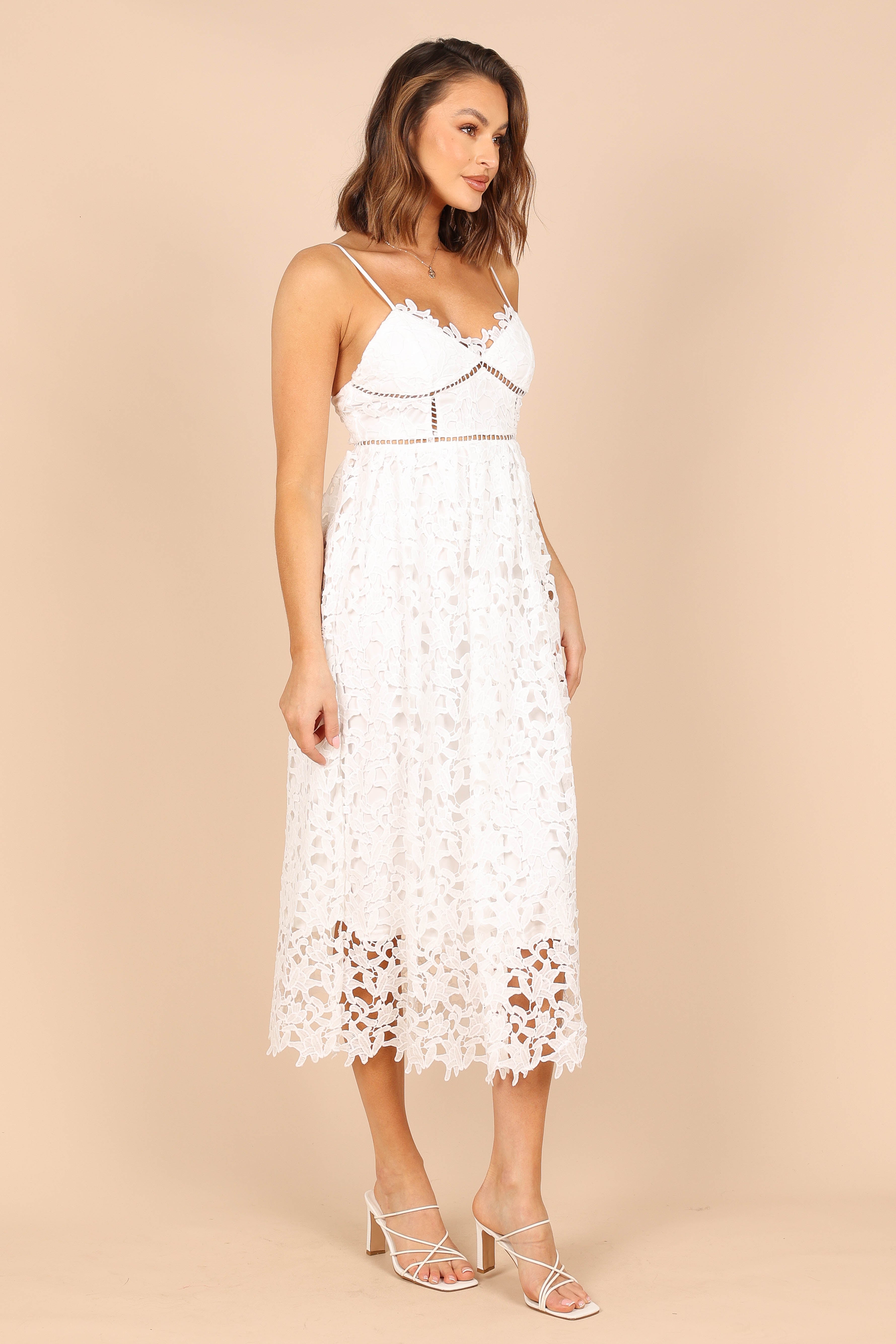 Francheshca White Lace Midi Dress - Elegant Floral Lace Party Dress for Weddings, Cocktail Events & Special Occasions