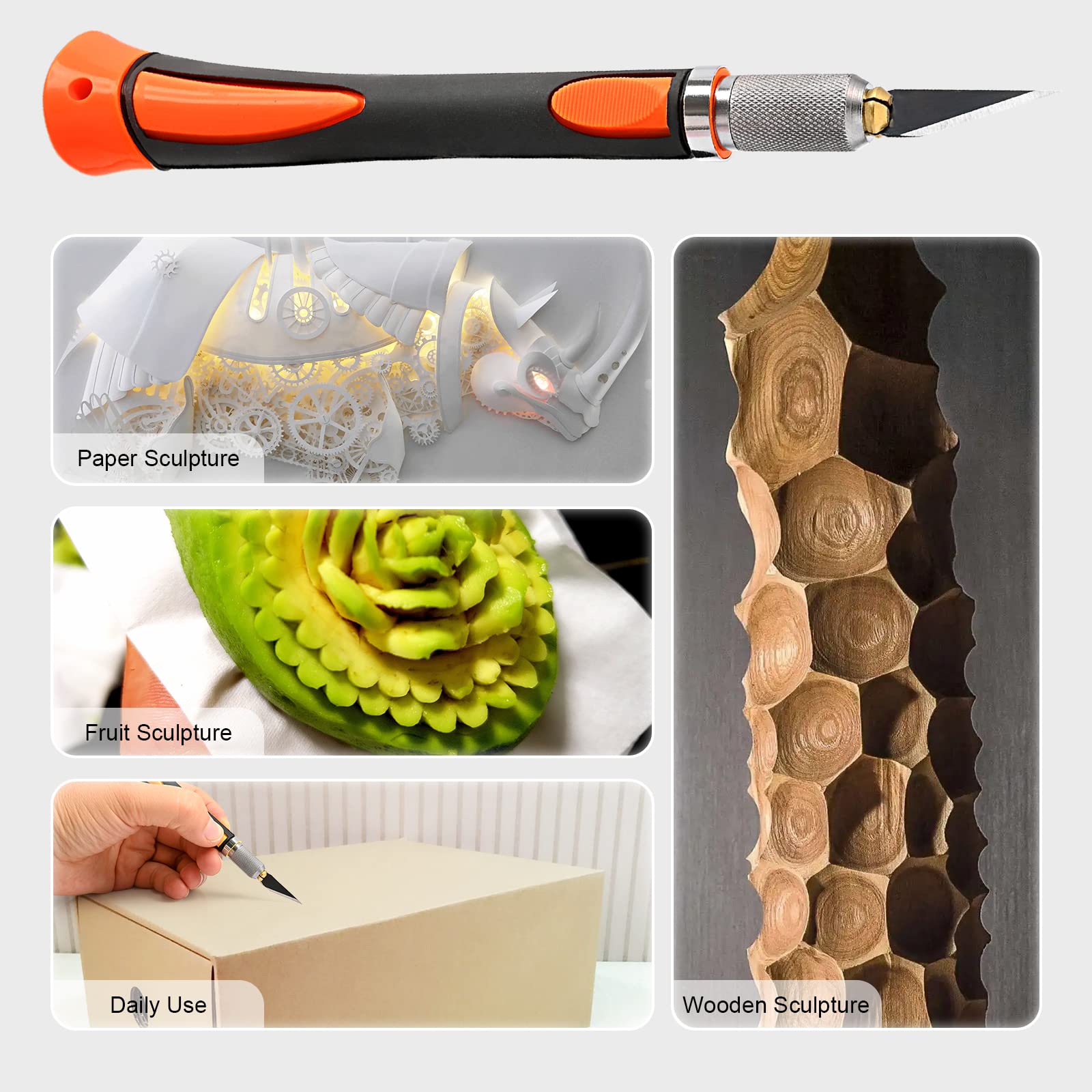 FOSHIO 2 Pack Precision Craft Knife Set with 20 Replacement Blades - Ergonomic Non-Slip Handle & Protective Cover - Ideal for Art, Crafting, Scrapbooking, Stencil Cutting, DIY Projects (Orange)