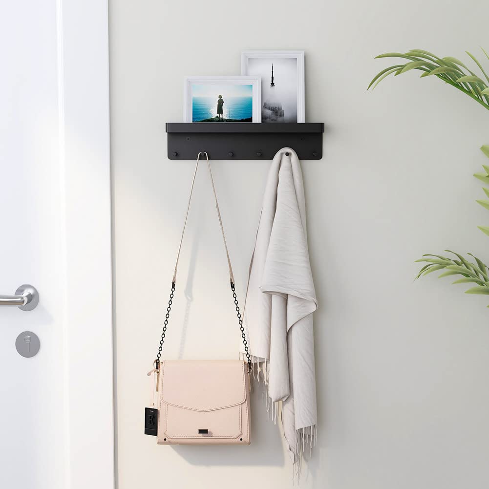 6-Hook Wall Mount Key Holder with Mail Organizer - No Drill Adhesive Key Rack with Tray for Entryway, Hallway, Kitchen & Office - Perfect for Home Organization & Space Saving (Black)