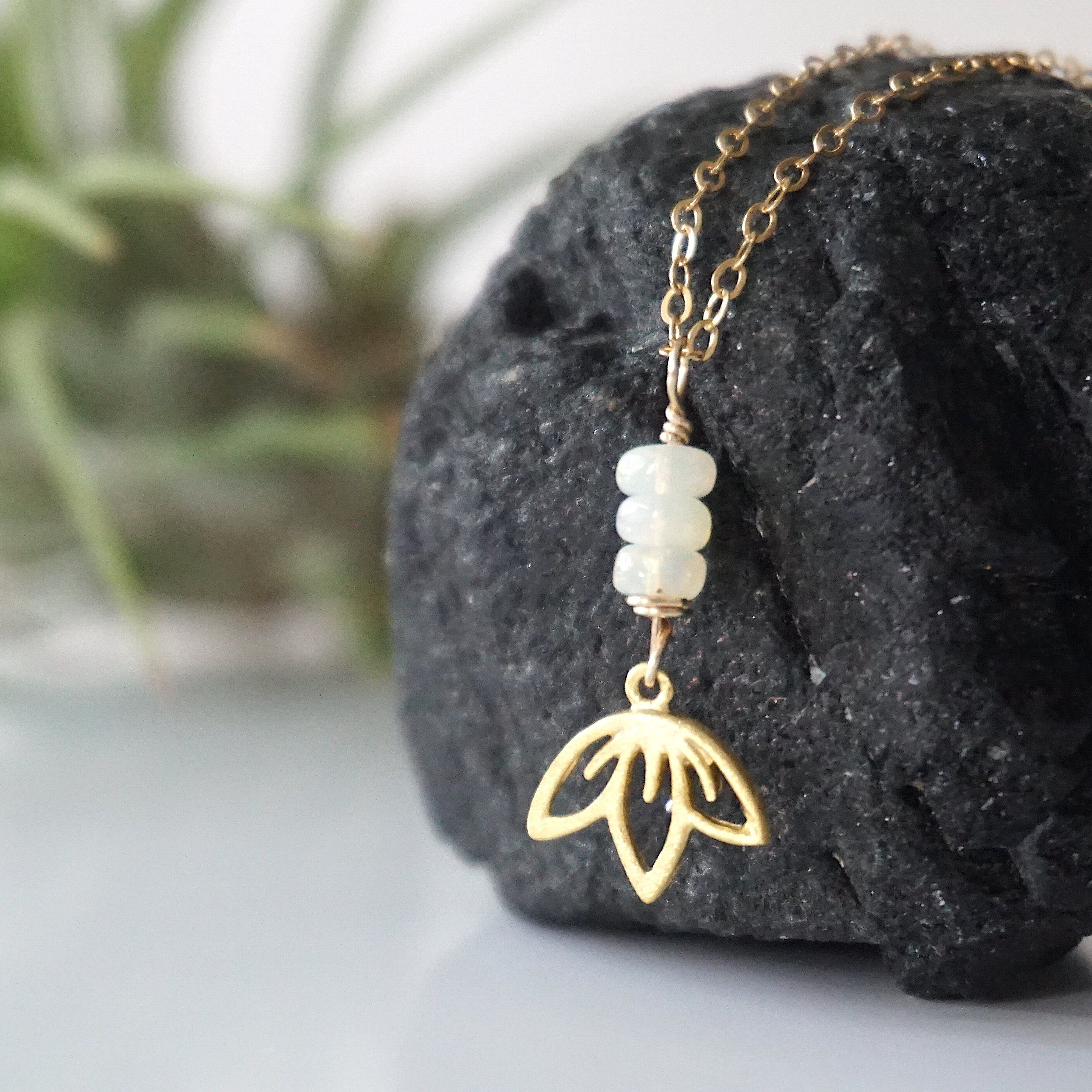 Fire Opal Necklace with 3 Bead Lotus Charm - 14K Gold Filled Jewelry for Women | Elegant Gift for Birthday, Anniversary & Special Occasions