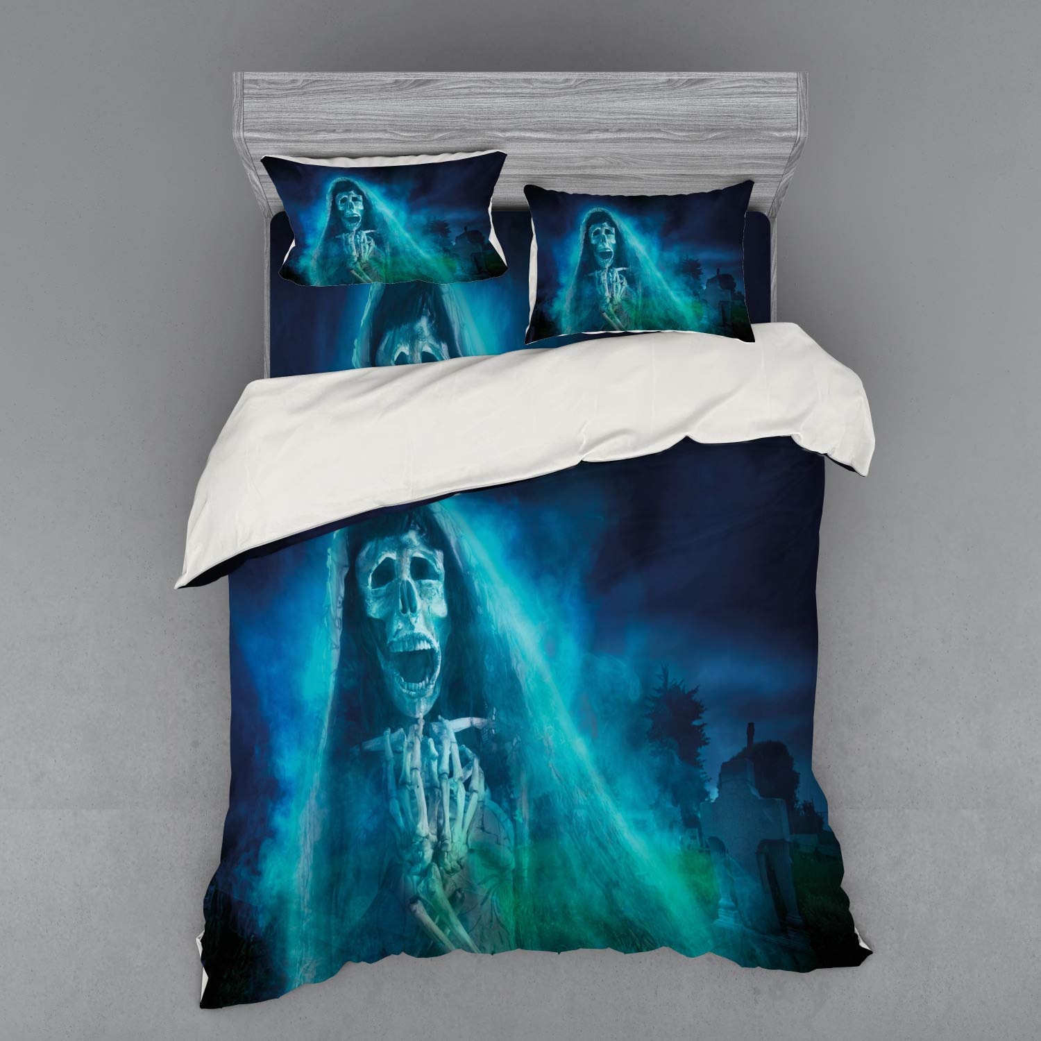 Ambesonne Halloween Bedding Set - Gothic Dark Ghost Skull Digital Print Duvet Cover 4-Piece Set with Shams & Fitted Sheet, Queen Size, Blue - Perfect for Spooky Bedroom Decor & Horror Theme Parties