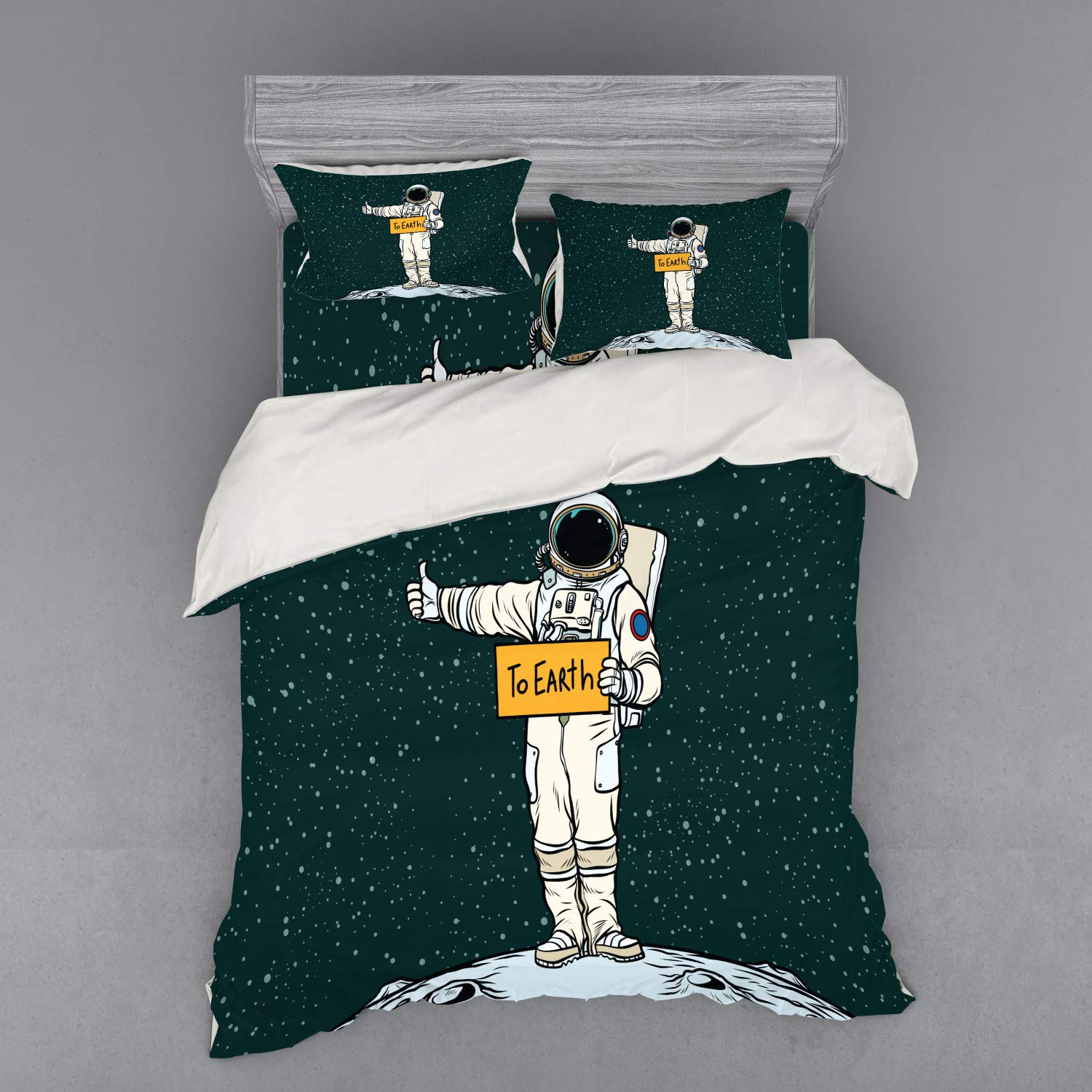 Ambesonne Funny Astronaut Hitchhiking Duvet Cover Set - 4 Piece Space Travel Bedding with Shams & Fitted Sheet, Queen Size, Multicolor - Perfect for Sci-Fi Lovers & Space-Themed Bedrooms