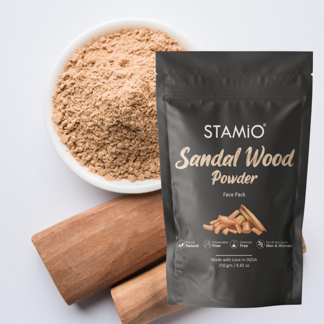 STAMIO Sandalwood Face Pack Powder 250gm for Sun Tan Removal, Glowing Skin, Acne Treatment & Dark Spot Reduction | Natural Santalum Album Chandan Mask for Face & Body | 8.82oz Pouch | Perfect for Daily Skincare & Spa Treatments