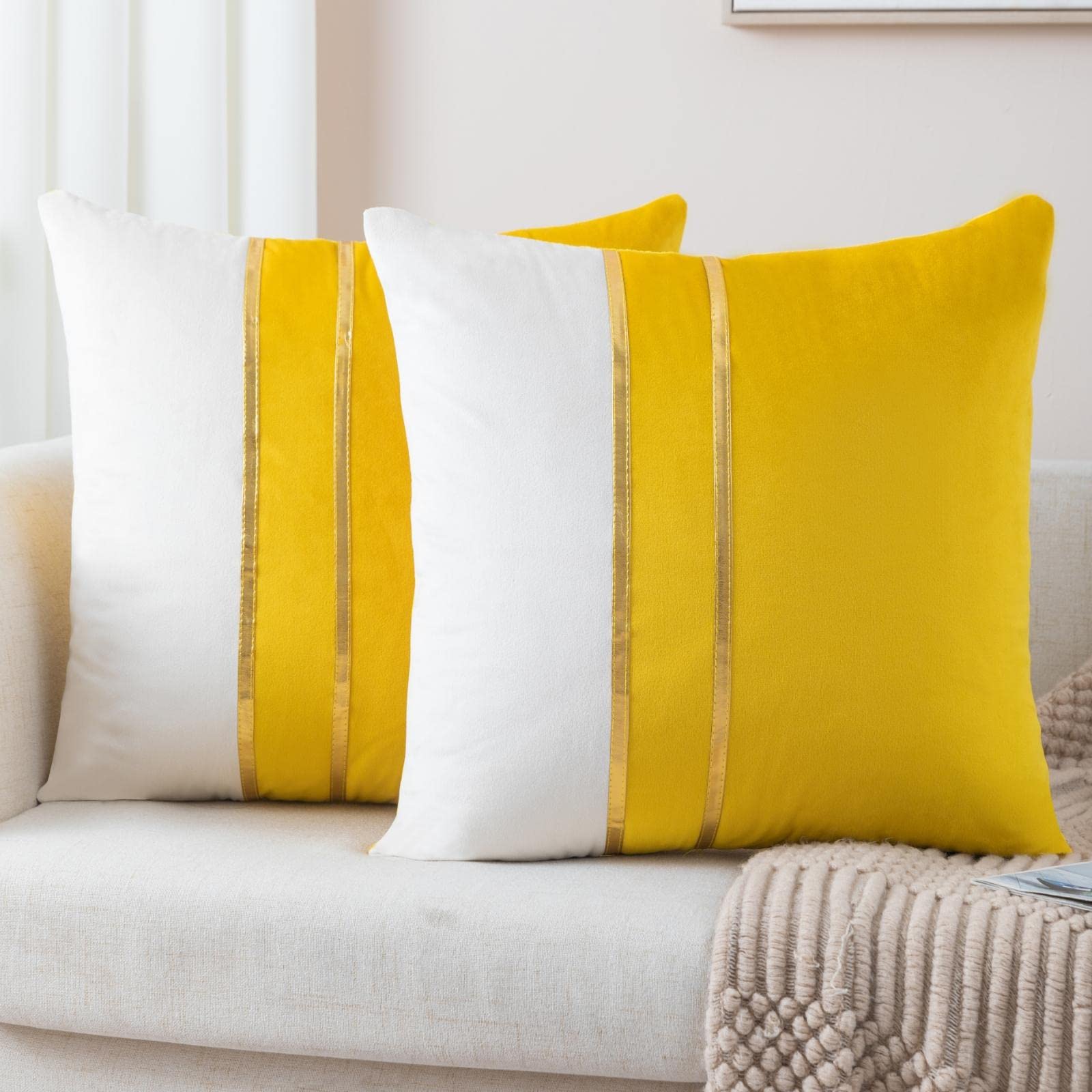 ZLINA Set of 2 Velvet Decorative Throw Pillow Covers - Yellow & White Patchwork with Gold Leather Trim - 20×20 Inch Square Cushion Covers for Sofa, Bed, Living Room, Bedroom & Car Decor