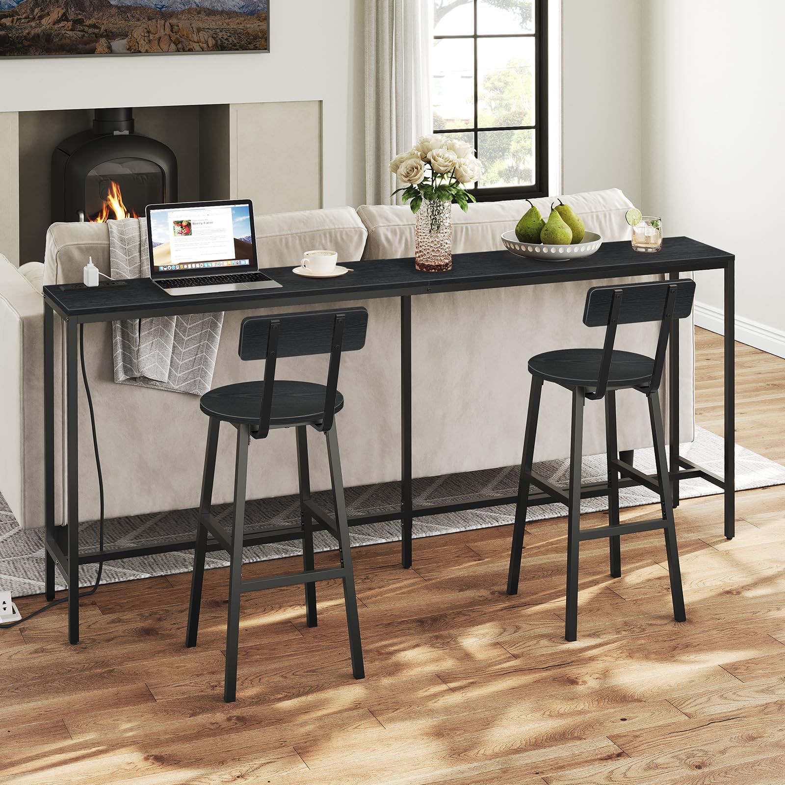 2-Pack Black Bar Stools with Back & Footrest - 24.4 Inch Round Counter Height Stools for Kitchen, Dining Room & Home Bar - Perfect for Breakfast Nooks, Pub Tables & Entertainment Areas